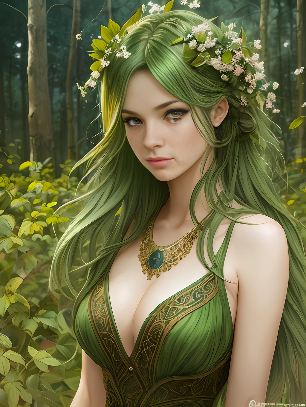 portrait of a forest mage, female, dress made of green leaves, gorgeous, green hair, brown skin, curves, forest background, highly detailed, smooth, sharp focus, chiaroscuro, digital painting, artgerm and greg rutkowski and alphonse mucha