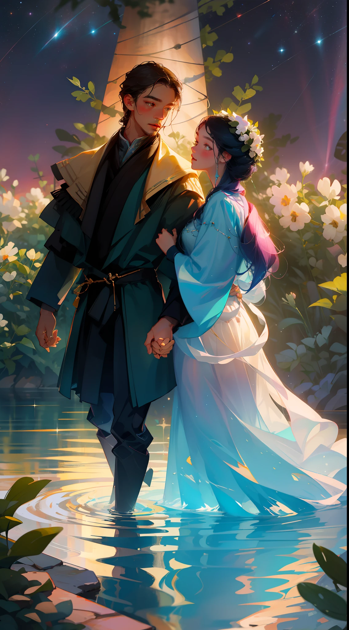 Masterpiece, high quality, guy and girl holding hands, Ukrainian symbols, Ukrainian national costumes, boho style, in transparent, waist-deep water, neon garland, nights, neon lights, romance, happiness, love, lovers, holiday, plants, starry sky, galaxies, magic around them, magic, Flowers, fern, beautiful sunset, fun, flower arrangements, wreaths of flowers on the head, river, forest, flower meadow,  willow, willow willow trees, 8k, multicolored, full color pattern,
