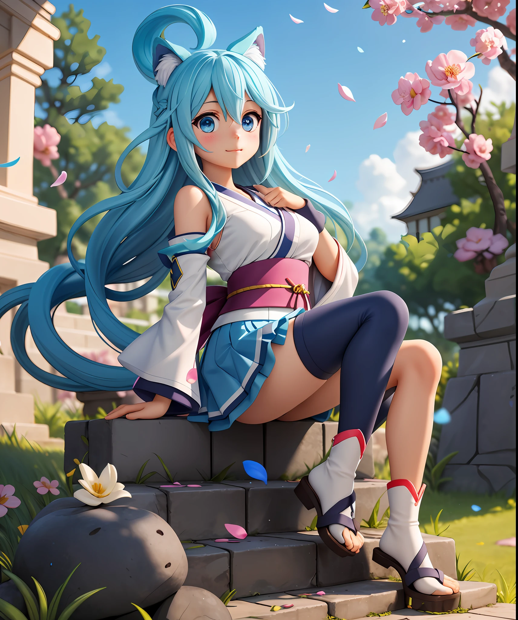 menina_aqua_konosuba dog, long hair, blue hair, dog ears blue eyes, detached long sleeves, white kimono, pleated miniskirt, dog's tail diffuse sunlight, depth of field, light particles, strong wind, blue sky, shrine, stone stairs, falling flower petals, facial focus