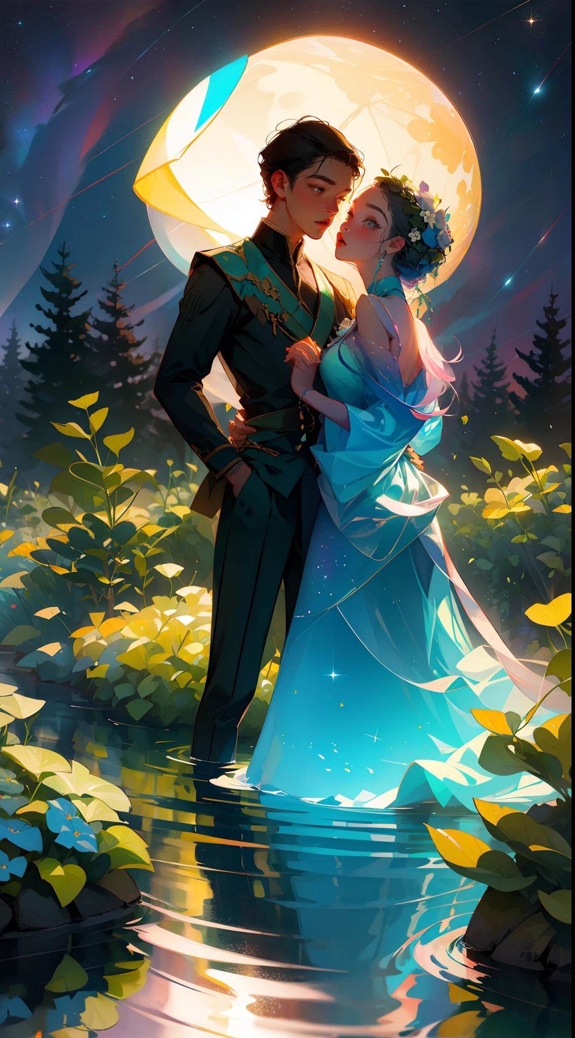 Masterpiece, high quality, guy and girl holding hands, Ukrainian symbols, Ukrainian national costumes, boho style, in transparent, waist-deep water, neon garland, nights, neon lights, romance, happiness, love, lovers, holiday, plants, starry sky, galaxies, magic around them, magic, Flowers, fern, beautiful sunset, fun, flower arrangements, wreaths of flowers on the head, river, forest, flower meadow, willow, willow willow trees, 8k, multicolored, full color pattern,
