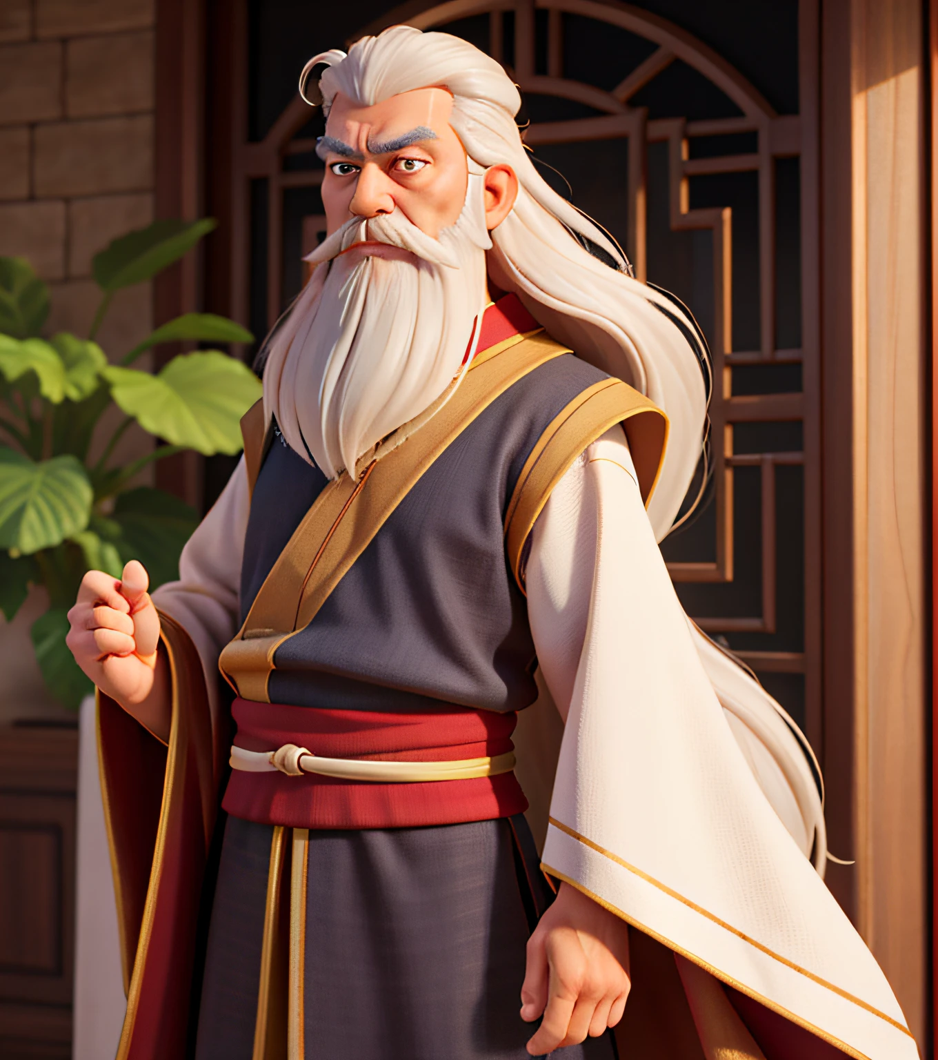 masterpiece, high quality best quality, 60-year-old Asian man long white hair and beard, oriental monk clothes, [closed mouth, with serious face and deep look]