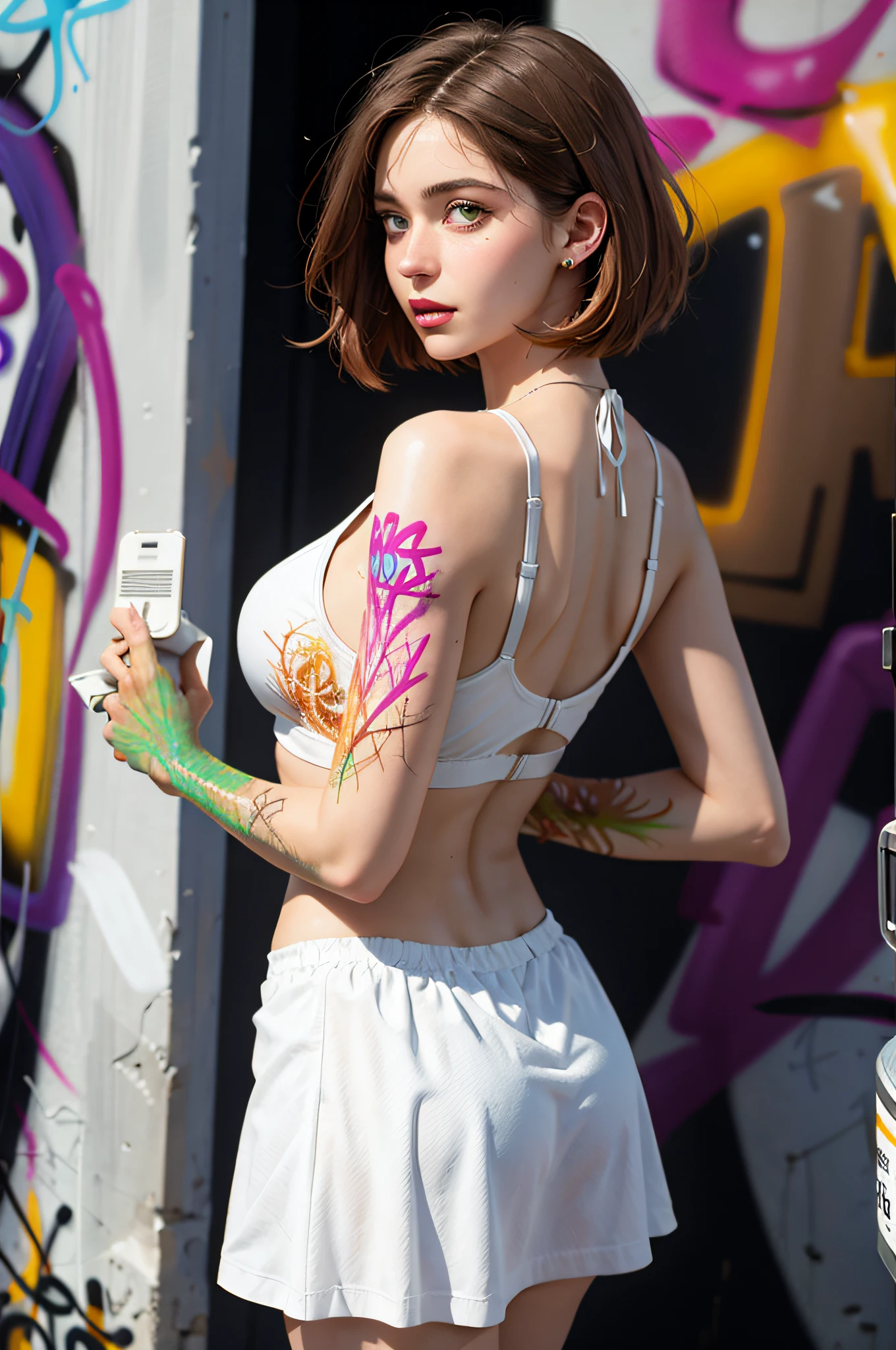 red bob haircut, chin-length bob cut milky beige hair, Masterpiece, strong light color tattoo art instead of swimsuit, High Definition, High Detail, Masterpiece, Best quality, High quality best, Super detailed, High resolution, Extremely detailed, full color paint, back view, beautiful white woman posing in front of wall, perfect face, big eyes, short shirt , short skirt, stockings, with friends, beautiful body, super detailed face, perfect face, perfect face, sensational style, girl poster in the middle of the page, (((graffiti art) (by Carne Griffiths))), by bernie wrightson and christos achilleos and thomas cook; k, Hope Gangloff maximal stylistic hdr, surrealism", by Daniel Merriam, Ekaterina Petolas, Peter Gric, Dariusz Klimczak, sharp focus on intricate detail"