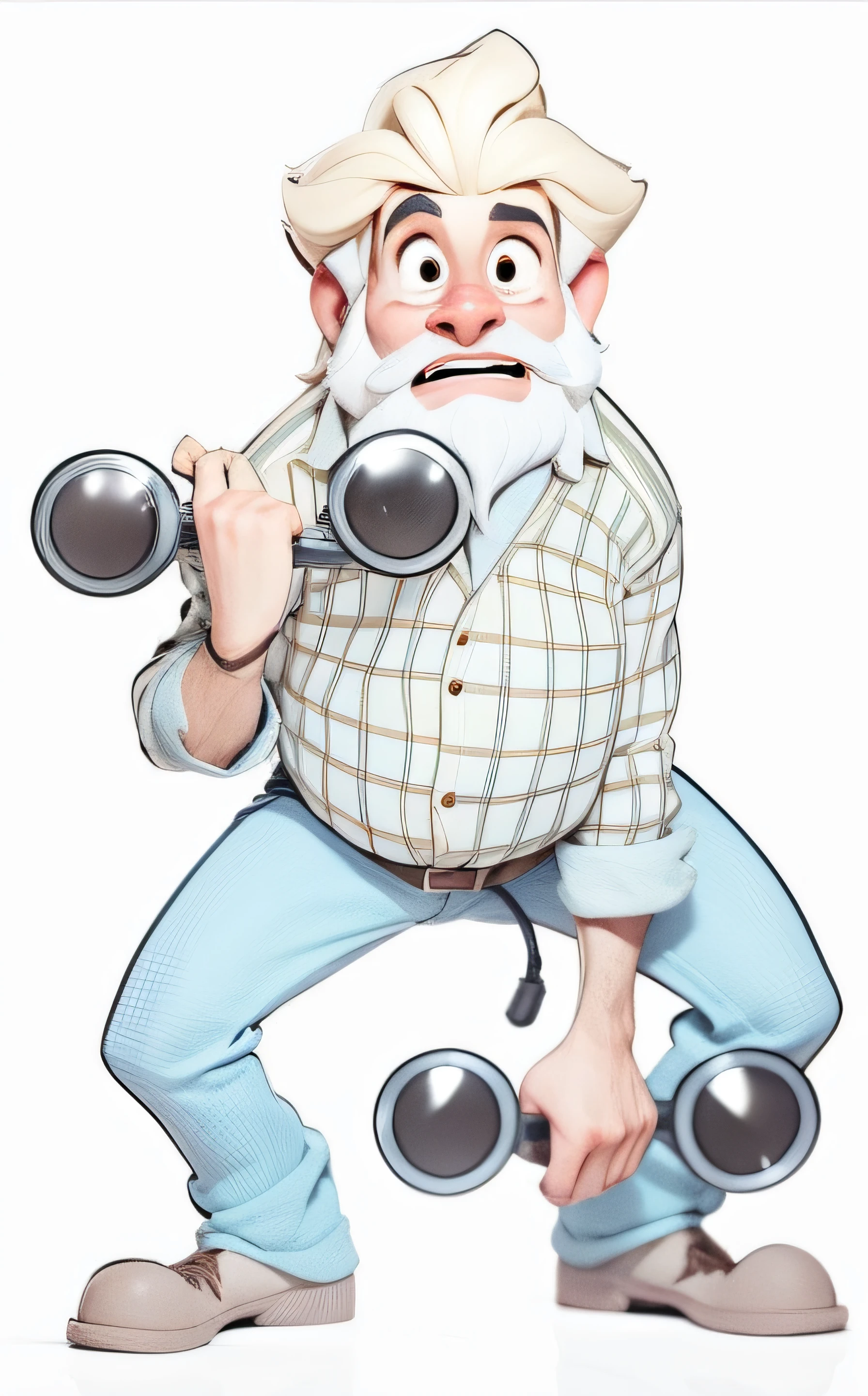 Cartoon, pixar, [[[whole body]]] Lord of approximately 65 years [[[gray hair]]], [[[Whitebeard]]]Afro descendant, [[[dark brunette]]], [[[straw hat on head]]], [[[sunglasses]]], masterpiece, best quality, 3d rending work, 3DMM style, close-up, portrait, 3D, realistic, upper body, radio studio background, looking away, light brown eyes, white beard, fleshy lips, [[striped shirt]]].