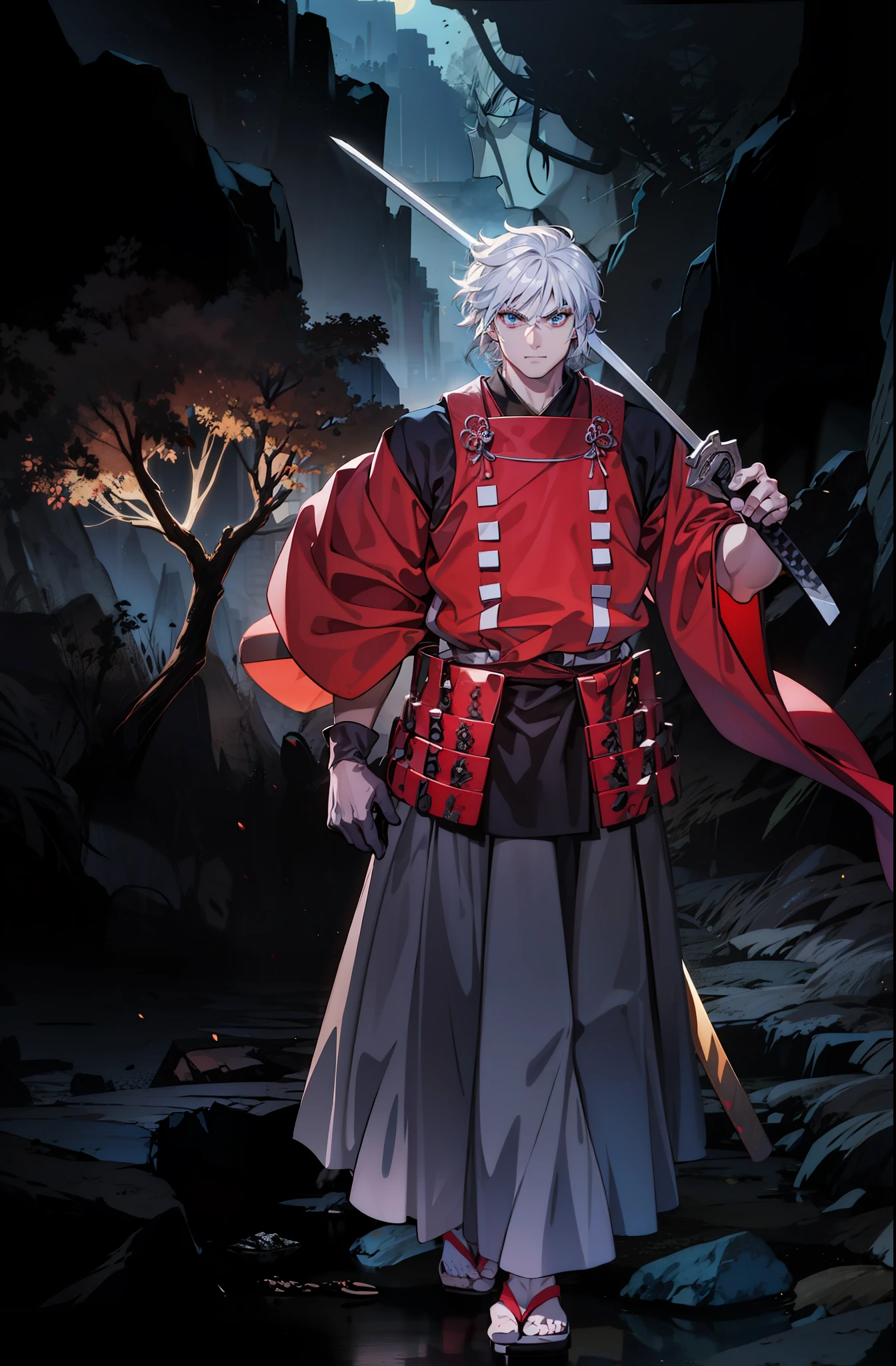 Boy,white hair,Samurai,knight,4k,black armor,steel gloves