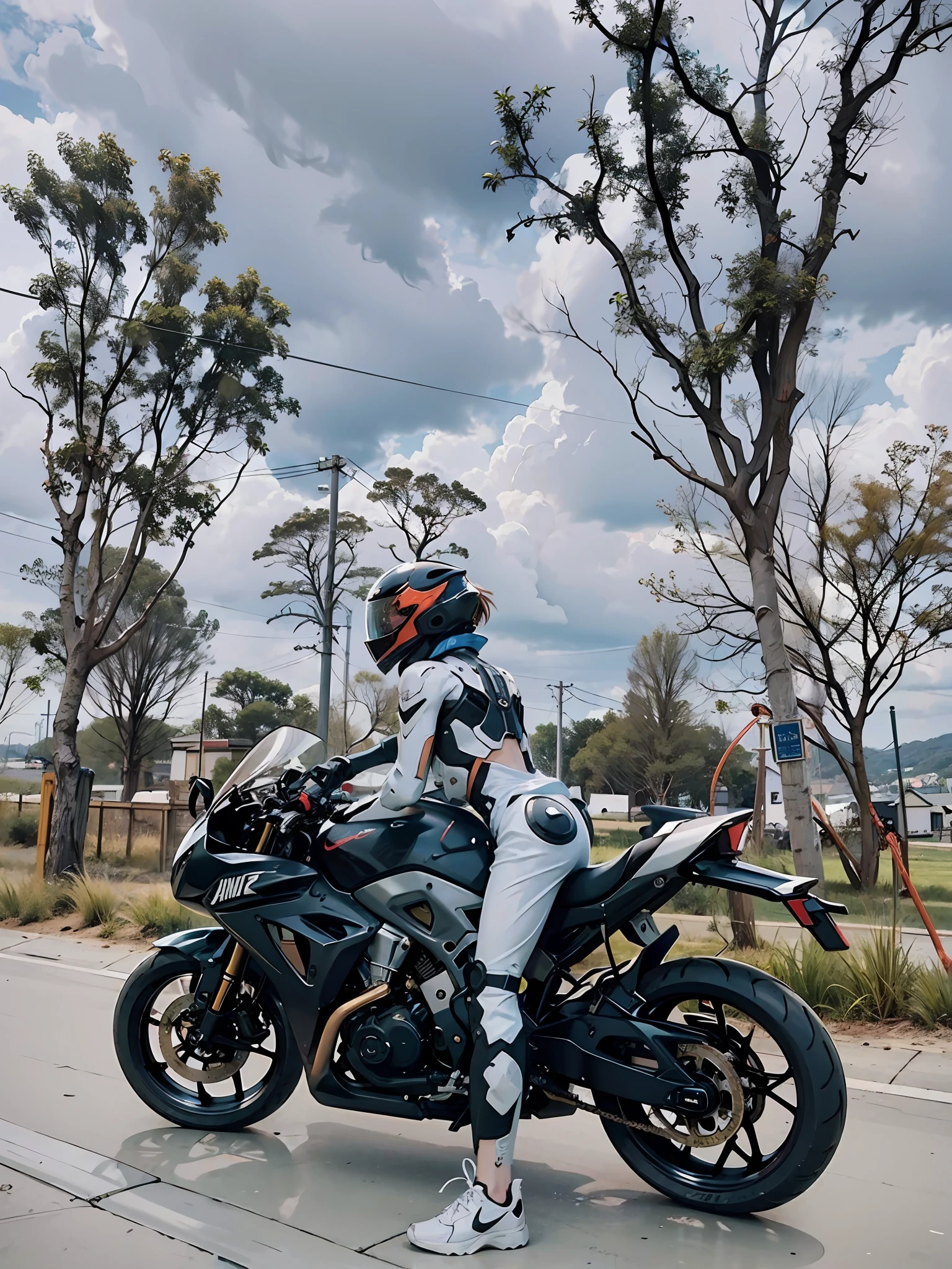 (Female robocop riding a motorcycle), black helmet, red lenses, thin waist, 8K, white Nike sneakers, top quality, masterpiece, Illustrations, Very delicate and beautiful, CG, Unity, wallpaper, (realistic, realistic: 1.2), amazing, detail, masterpiece, best quality, official art, highly detailed CG Unity 8k wallpaper, incredible
