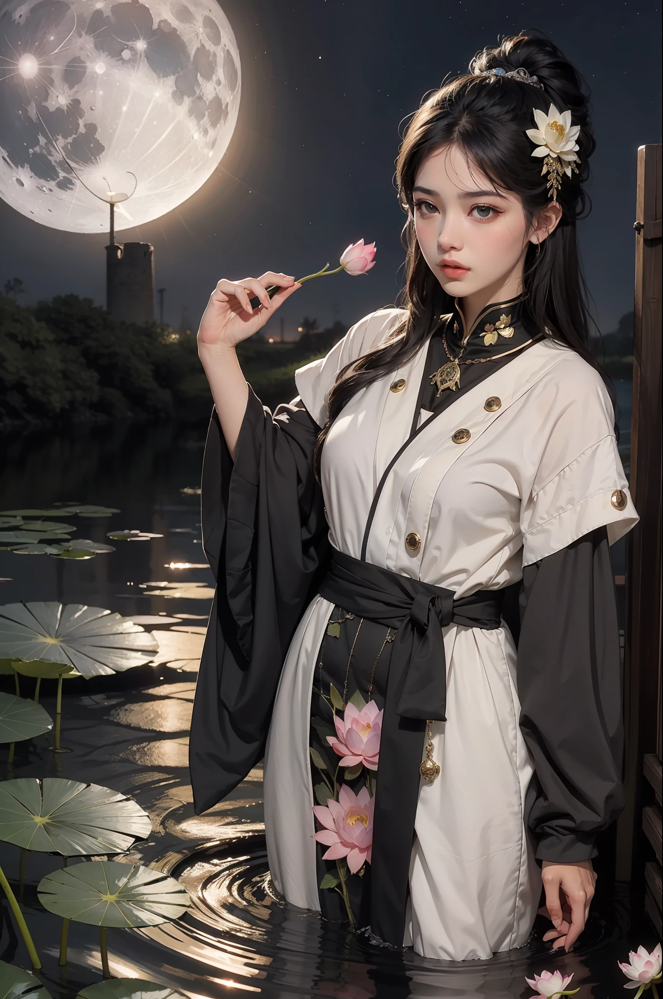 Night, pitch black, a girl, lotus, lotus leaf, flowing water, moon, HD