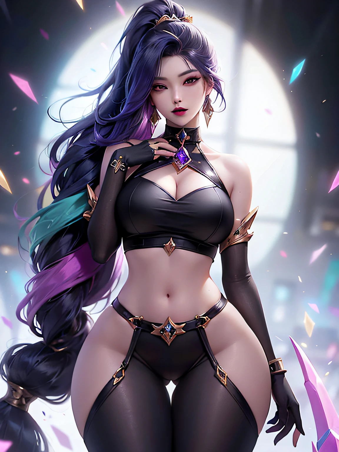 high detailed, 8k, highres, 1girl, jewelry, earrings, makeup, eyelashes, earrings, collarbone, collar, looking at viewer, (large breasts, thick thighs, thigh gap, wide hips, toned body),, ulzzang-6500, ultra realistic 8k cg, unparalleled masterpiece, absurdres, extraordinary, incredible, exquisite, sensational, perfect artwork, perfect female figure, perfect anatomy, unique, sexy, very long hair, blonde, multicolored hair, large breasts, looking at viewer, aesthetic, spectacular, splendid, superb, grand, astounding, stunning, magnificent, elegant, graceful, luxury, jewelry, gem, glint, beautiful, gorgeous, charismatic, charming, alluring, erotic, seductive, gothic, fantasy, divine, clean, rich, prestige, fantastic, supreme, apex, paramount, goddess, lace, lace trim, delicate pattern, shiny skin, gold, royal, queen, supernatural, phenomenal, fabulous, marvelous, stupendous, terrific, ((nsfw, breasts out,, thick thighs, wide hips, toned body)),, high detailed, 8k, highres, (k/da all out kai'sa), league of legends, k/da \(league of legends\), 1girl, black hair, multicolored hair, long hair, very long hair, ponytail, long ponytail, streaked hair, green hair, two-tone hair, purple eyes, lips, jewelry, earrings, makeup, bare shoulders, crop top, black crop top, collarbone, collar, shiny clothes, detached sleeves, crystals, gloves, elbow gloves, single fingerless glove, midriff, looking at viewer, (large breasts, thick thighs, wide hips, toned body, ) RozalinD2, 1girl, gigantic breast Azure lane, gold hair ornament, revealing black bodysuit large breasts, cleavage, perfect composition, perfect Waifu)), sexy, appealing, ((Best quality)), ((masterpiece)), (detailed:1.4), submissive, super thick, small waist, sixpack abs, ripped, fit, slave collar, makeup, lipstick, blush, exotic, Asian and Spanish, mixed girl, HDR (High Dynamic Range), Ray Tracing, NVIDIA RTX, Super-Resolution, Unreal 5, Subsurface