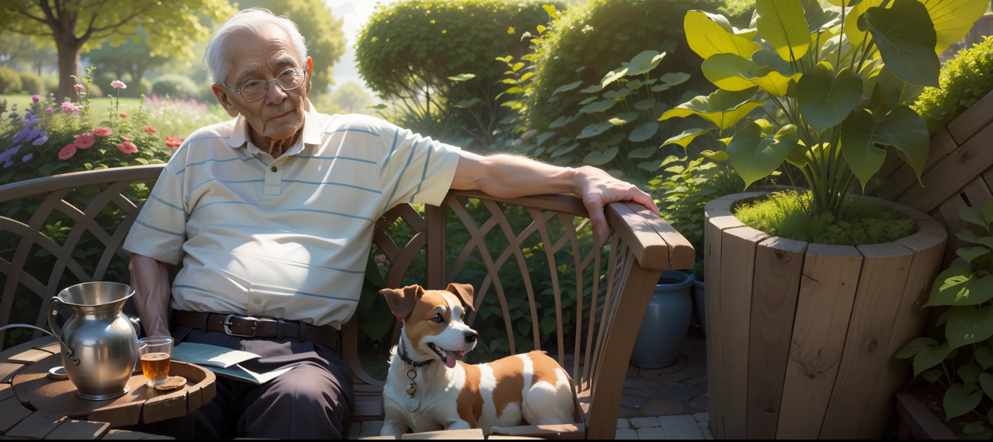 A peaceful, idyllic garden with an elderly gentleman accompanied by a Jack Russell Terrier. The natural beauty of the surroundings exudes peace and serenity. high photo quality