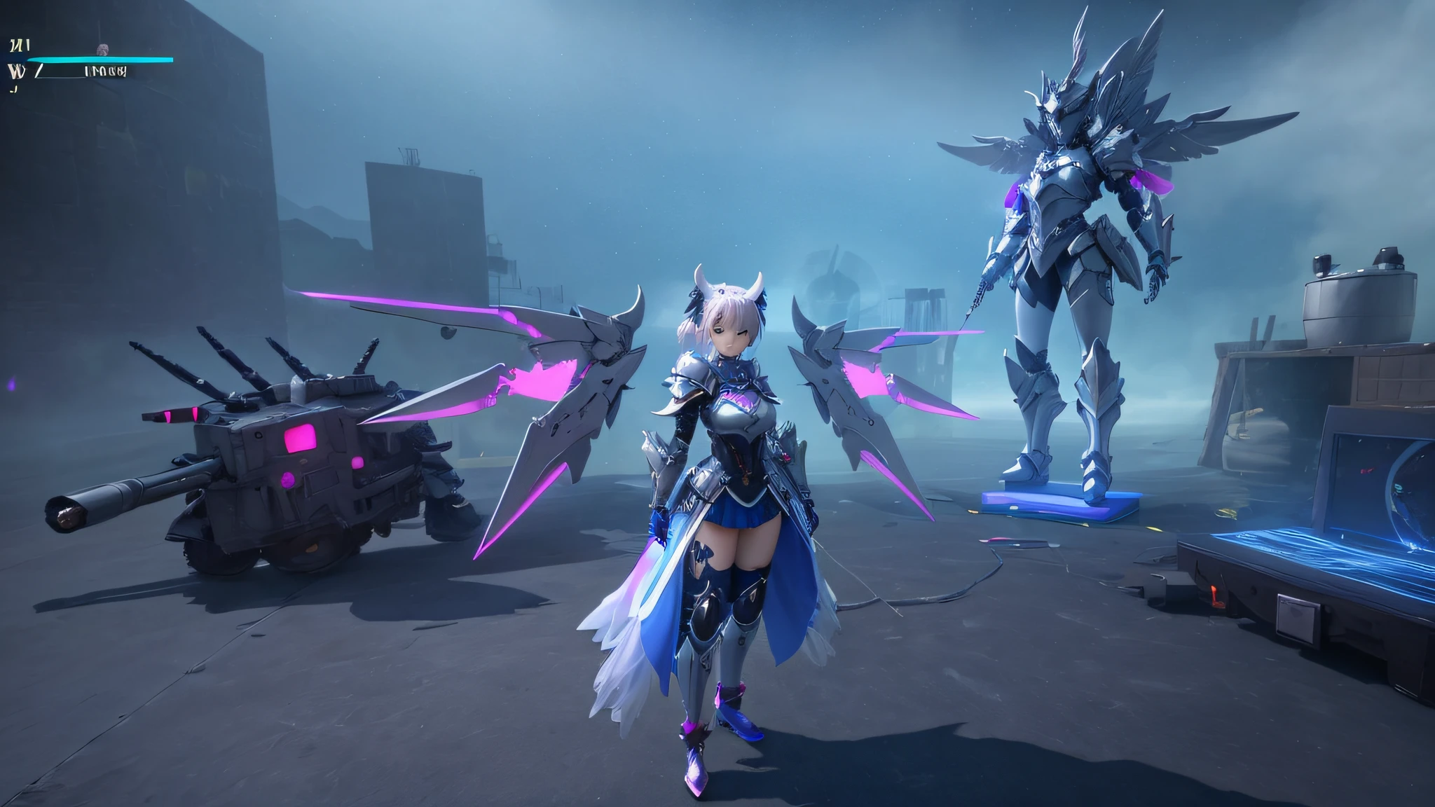 (Masterpiece) 3D It is a demon goddess standing in a room, sharp silver armor fuchsia skin from the video game Azur Lane, fuchsia skin under armor dressed in ethereal battle armor, sacred cyborg necromancer girl, mechanized Valkyrie girl, < MMORPGS scene, Ayaka Genshin Impact, PC screenshot, fuchsia skin under armor