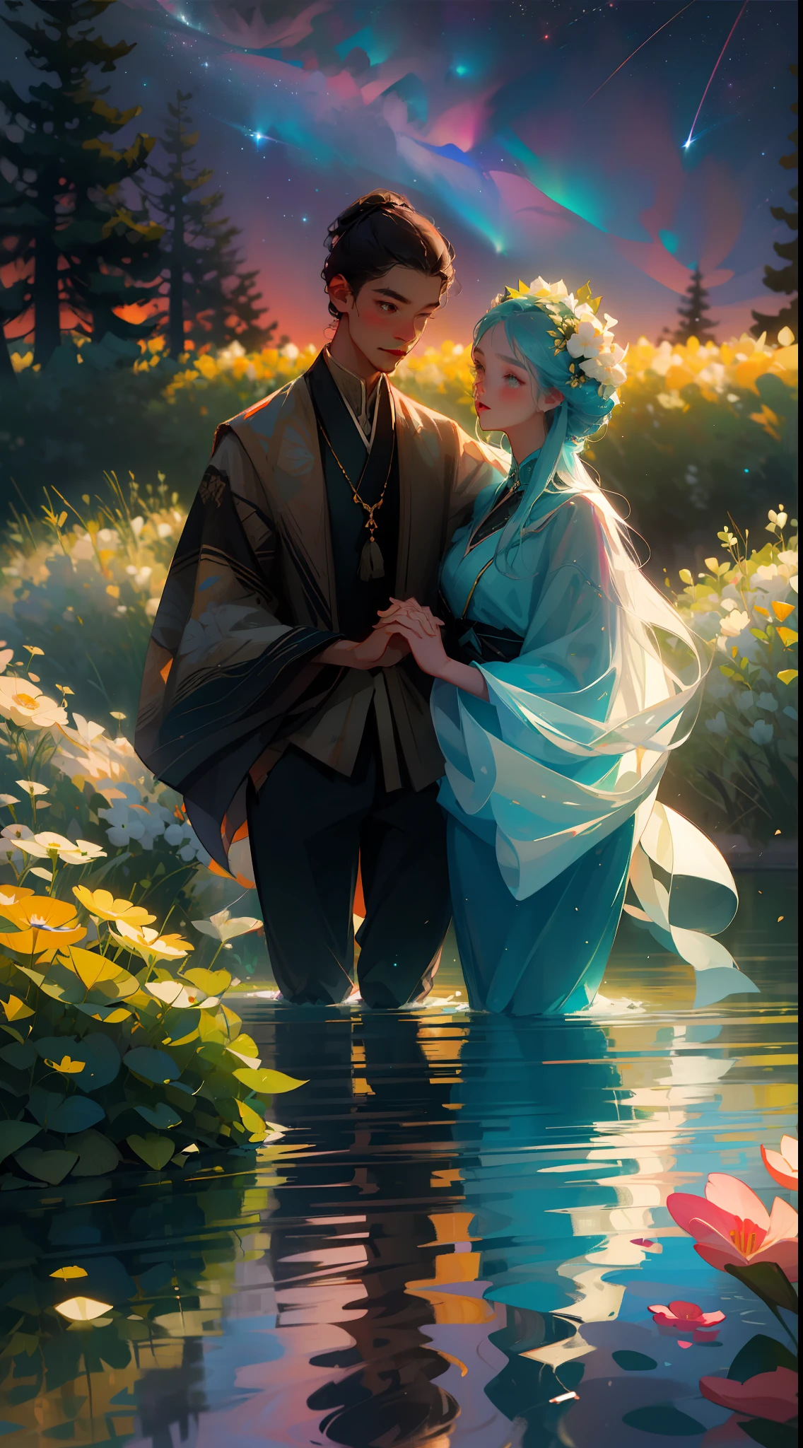 Masterpiece, high quality, guy and girl holding hands, Ukrainian symbols, Ukrainian national costumes, boho style, in transparent, swim in water, fly in water, neon garland, nights, neon lights, romance, happiness, love, lovers, holiday, plants, starry sky, galaxies, magic around them, magic, Flowers, fern, beautiful sunset, fun, flower arrangements, wreaths of flowers on the head, river, forest, flower meadow, willow, willow willow trees, 8k, multicolored, full color pattern,