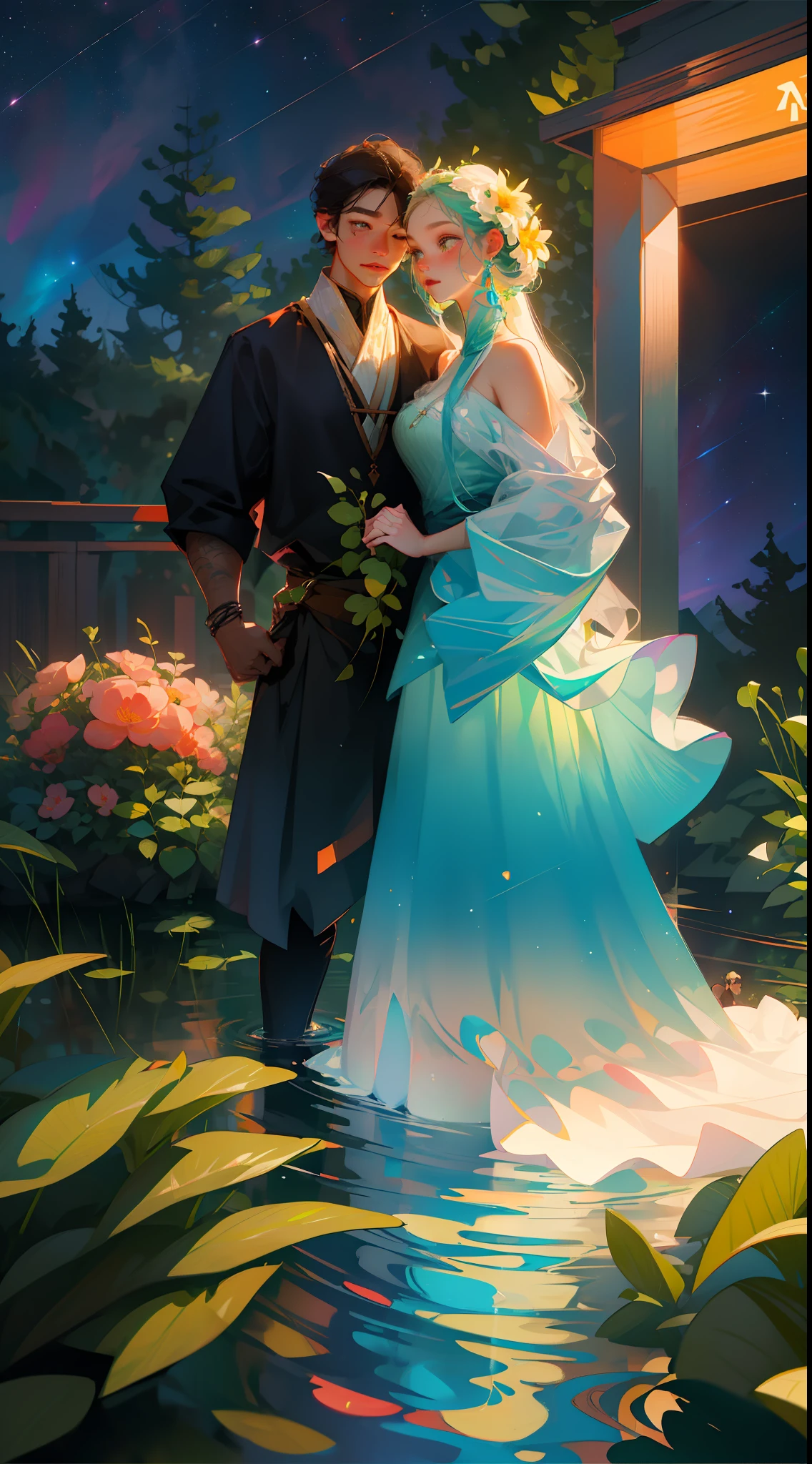 Masterpiece, high quality, guy and girl holding hands, Ukrainian symbols, Ukrainian national costumes, boho style, in transparent, swim in water, fly in water, neon garland, nights, neon lights, romance, happiness, love, lovers, holiday, plants, starry sky, galaxies, magic around them, magic, Flowers, fern, beautiful sunset, fun, flower arrangements, wreaths of flowers on the head, river, forest, flower meadow, willow, willow willow trees, 8k, multicolored, full color pattern,