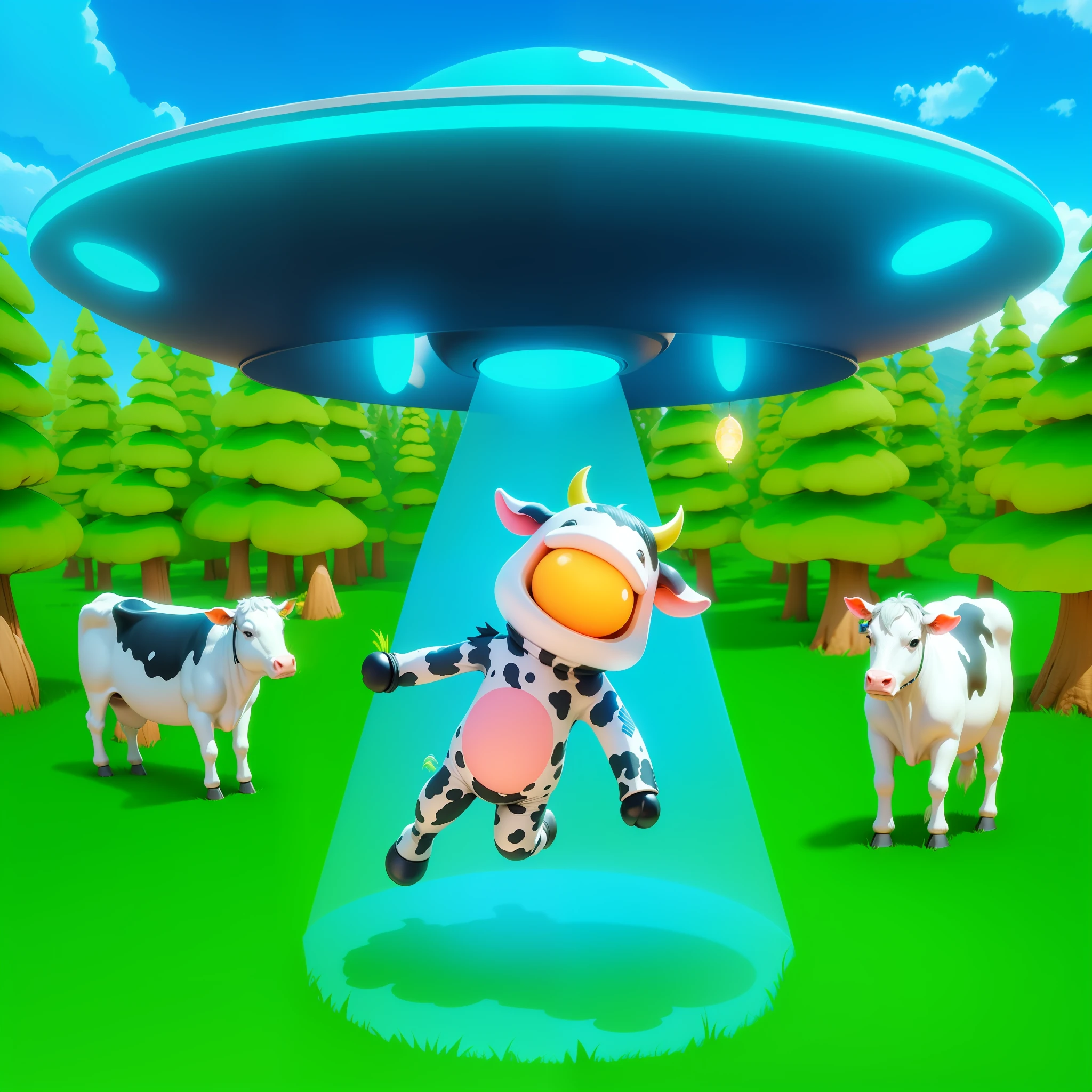 UFO Abducting Neon, Cow, Forest with Grass, Mountain, Blue Sky, SSAO, Ambient Occlusion, Raytracing --auto