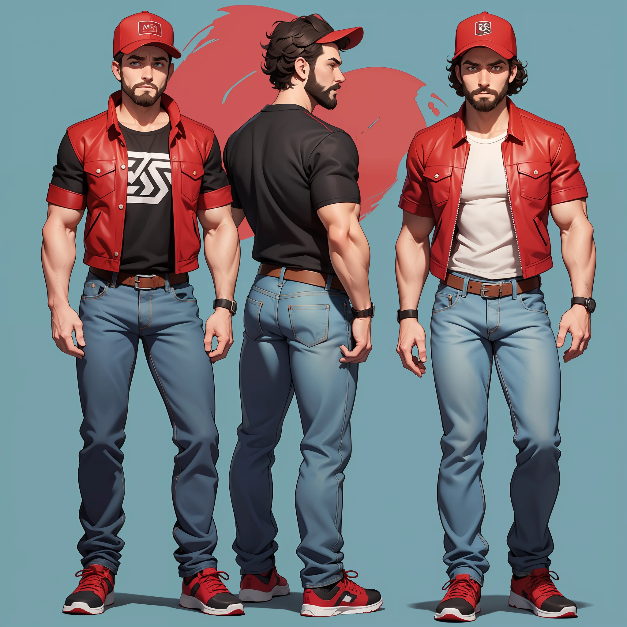 character sheet, white male with very curly short hair and beard, red baseball cap, black and red utility jacket, motorist, high quality, handsome, light blue loose bootcut jeans, mild body hair, messy look, rugged, different facial expressions, full body, white undershirt, loose clothing, utility belt,