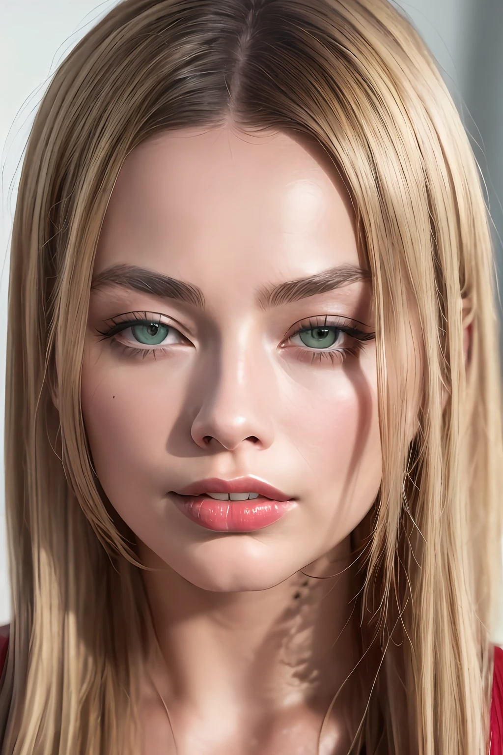 Margot Robbie, (8k, 4k, best quality, highres, ultra high res:1.1), (masterpiece, realistic, photo-realistic:1.1), 1girl, face, close-up, twintails, blonde hair, green eyes, red lips, (looking at viewer:2), absurdly long hair, long eyelashes, eyeshadow, small face, big eyes, bare shoulders, high contrast,