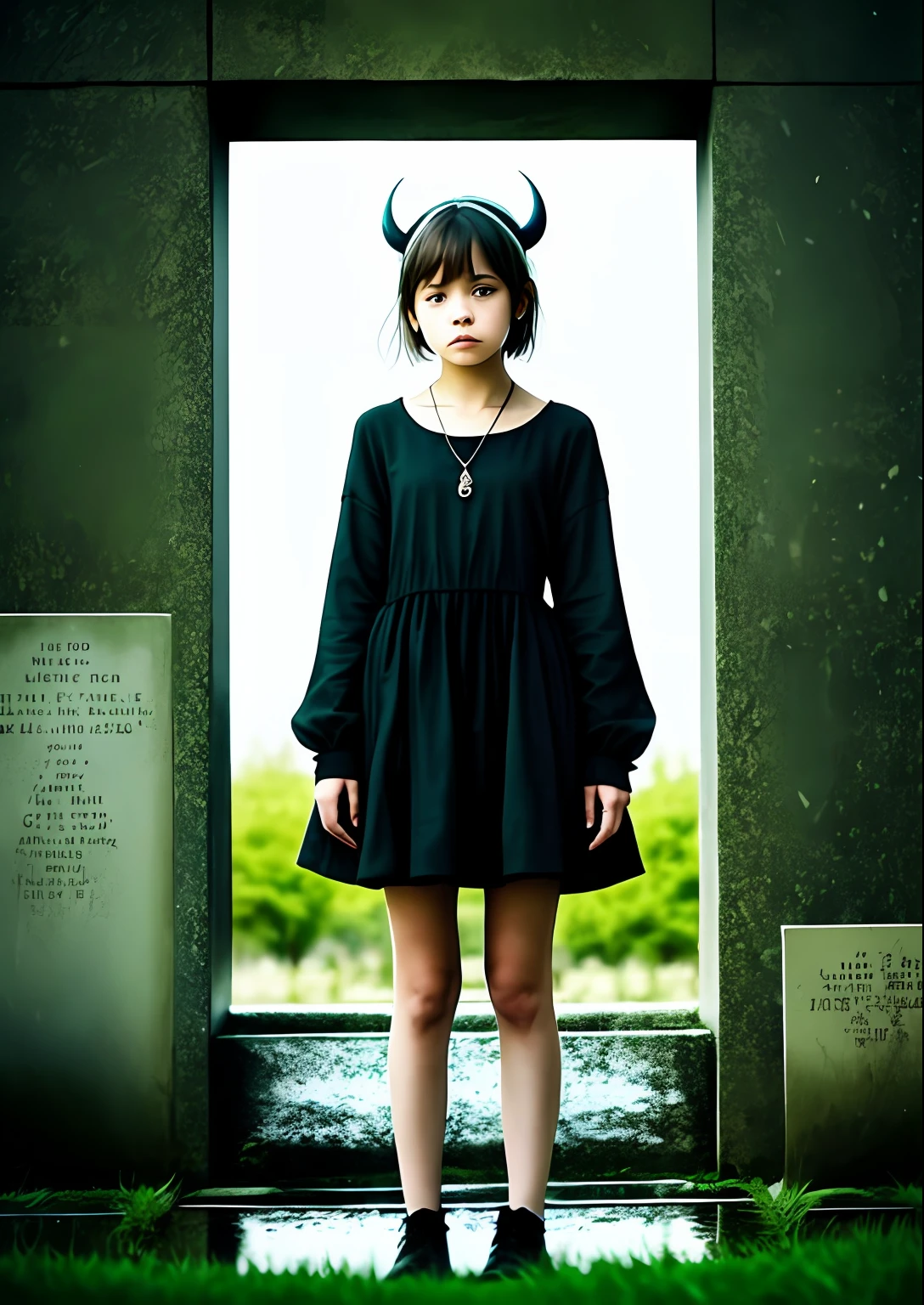 The girl stood at the grave with a sad expression on her face, Her white and short hair framed her face, emphasizing its fragility and tenderness,And on the girl's head there were blue horns, The girl's eyes were blue and reflected a deep sadness, She was dressed in a black dress that emphasized her slim figure and created an atmosphere of sorrow.

The girl's appearance enhanced her mystery and mystical appeal, She stood there as if merging with her surroundings, as if she were part of the grave itself. The air around her was filled with silence and silence, as if the girl's soul was also at a standstill at that moment.

Silently she leaned over the grave, as if trying to find answers that those below the ground would no longer be able to give. Her white hands looked so frail and delicate, as if she were holding life itself in her hands. 

The girl looked at the grave with sadness and respect, as if it carried some secret that she kept only for herself. Maybe she was laying there her secrets, her hopes and dreams.

Standing on the grave, she was the personification of melancholy and the invisible connection between past and present. Her appearance in the place filled it with a special energy and mystery.