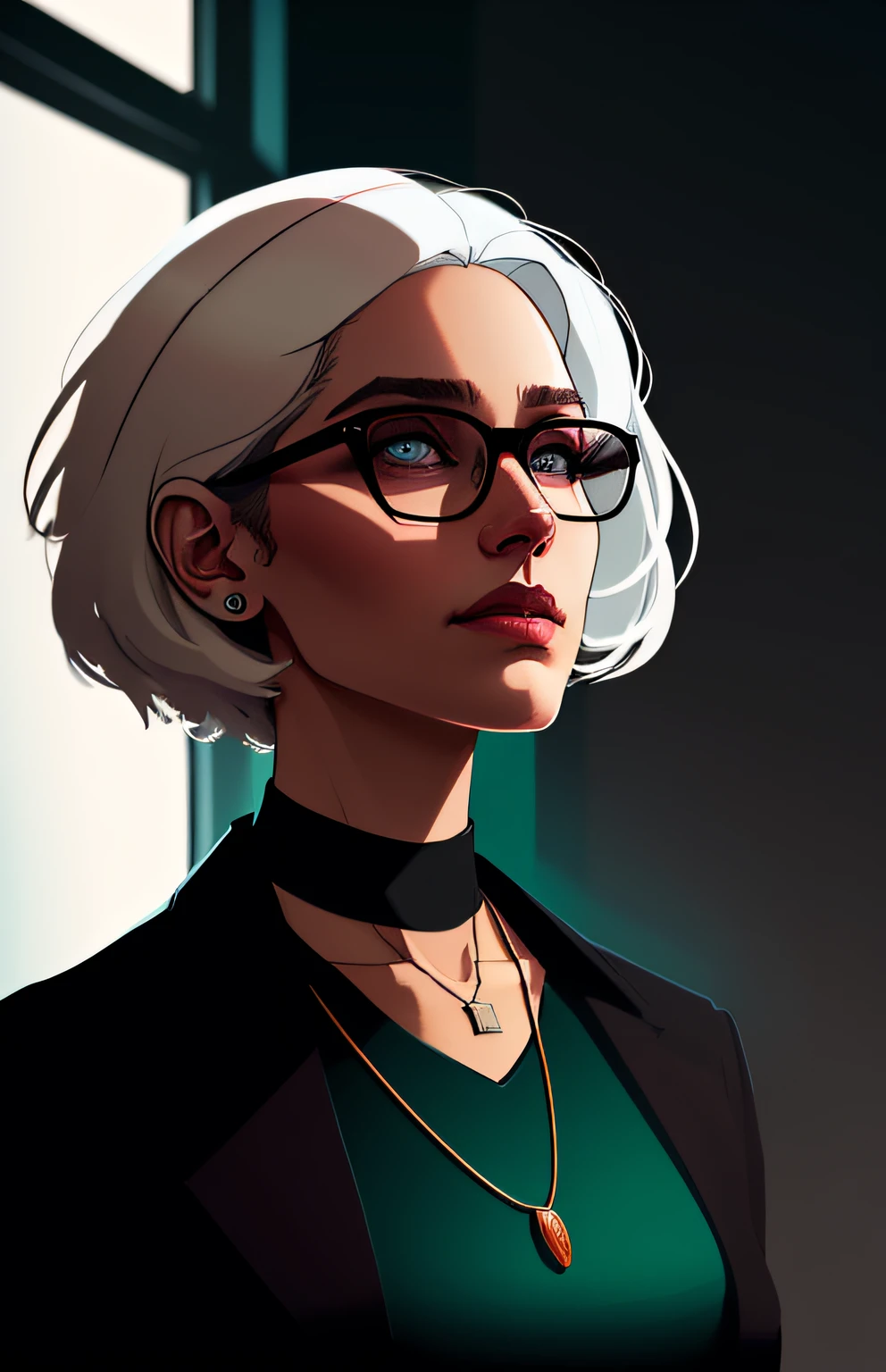 (Dark photo: 1.1), epic realistic, Halo portrait, blue eyes, glasses, necklace, elf woman, white hair, short hair, square hair, by Atey Ghailan, Busty Milf, shirt, by Greg Rutkowski, by Greg Tocchini, by James Gilleard, by Joe Fenton, by Kaethe Boucher, gradient yellow, black, brown and magenta color scheme, elegant aesthetic! Classroom, art by Greg Rutkowski and Artgerm, soft cinematic light, Adobe Lightroom, Photolab, HDR, complex, highly detailed, (depth of field: 1.4), faded, (neutral colors: 1.2), (HDR: 1.4), (muted colors: 1.2), hyperdetailed, (artStation: 1.4), kinematics, warm lights, dramatic light, (intricate details: 1.1), complex background, (rutkowski: 0.66), (teal and orange: 0.4)