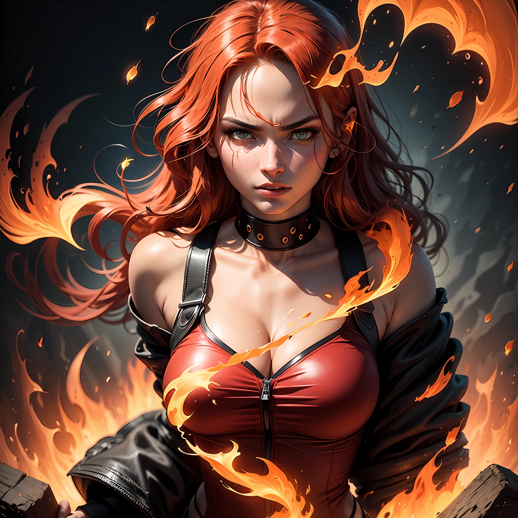 "Masterpiece portrait of a beautiful Fire elemental with vibrant flames, intense gaze, and flowing fiery hair." --auto