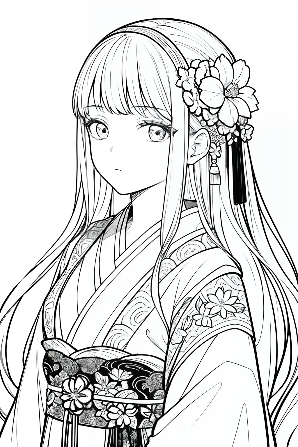 Masterpiece, best quality, (detailed background), high contrast, 1 girl, hanfu, flower background, (white background: 1.5), clean line drawings,