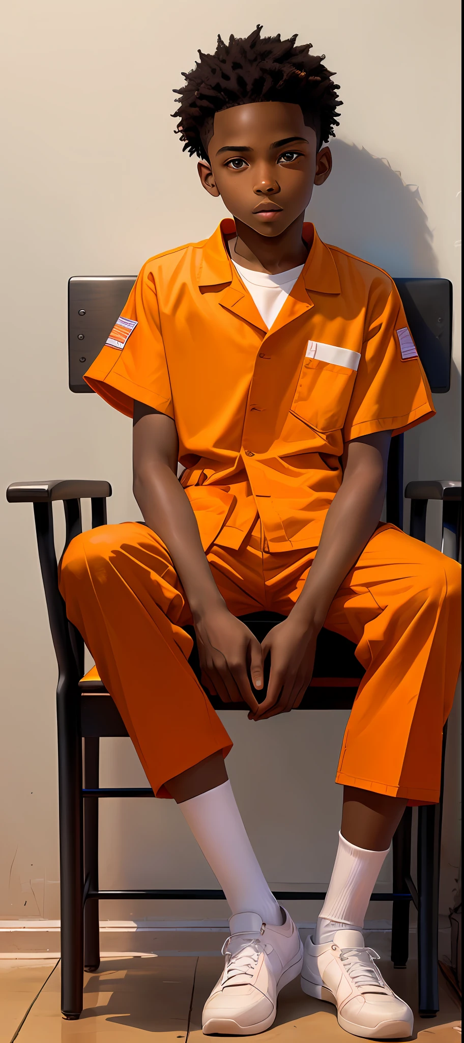 a black boy sitting in a chair in an orange prison uniform