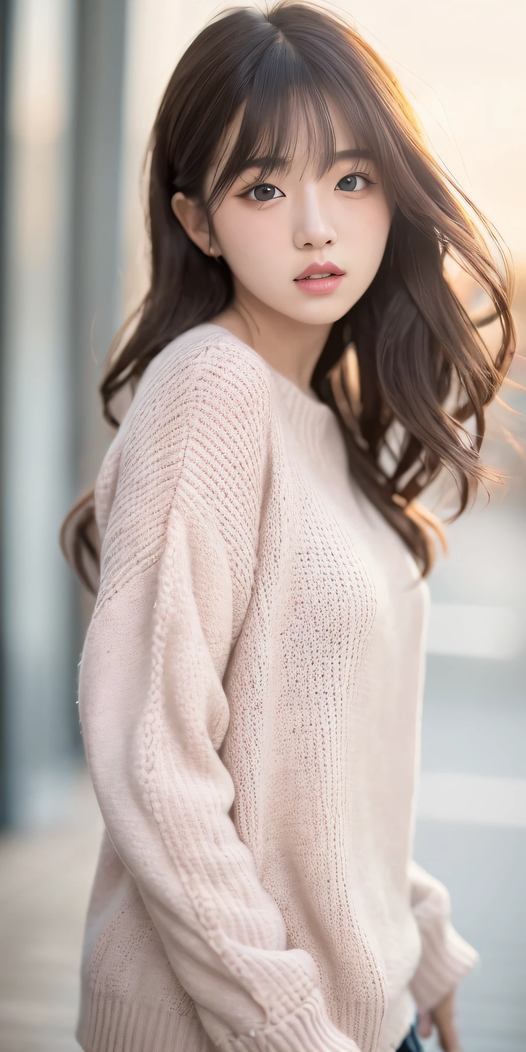 1girl walking on the river, mix4, sweater, pillow, lips, open_mouth, realistic, photo_\(medium\), solo, stuffed_animal, stuffed_toy, teddy_bear, (masterpiece), (realism: 1.3), super detailed, (High detail skin: 1.2), (Best quality: 1.0), (Ultra resolution: 1.0), (ULZZANG-6500: 0.3), wavy detail hair, long hair, sunshine, (beautiful detail makeup), (sexually aroused blush, heavy breath: 1.0), floral theme petals scattered, (soft light bloom: 0.5)
