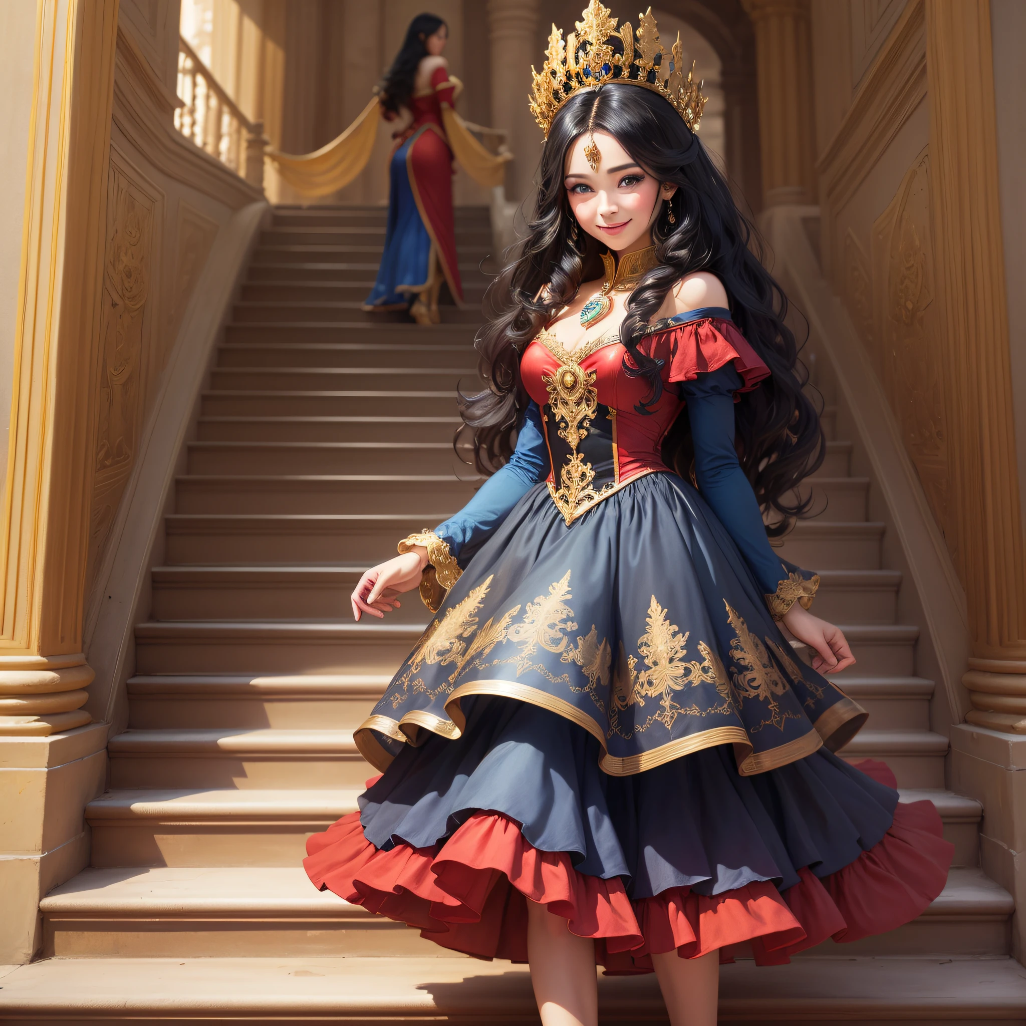 Princess enchanted with long black hair, blue eyes, perfect iris, smile on the happy face, with long red dress, descending a staircase of a Palace, with golden stairs and decoration and back of high luxury, perfect image, realistic, view from front to image, from front to the spectator