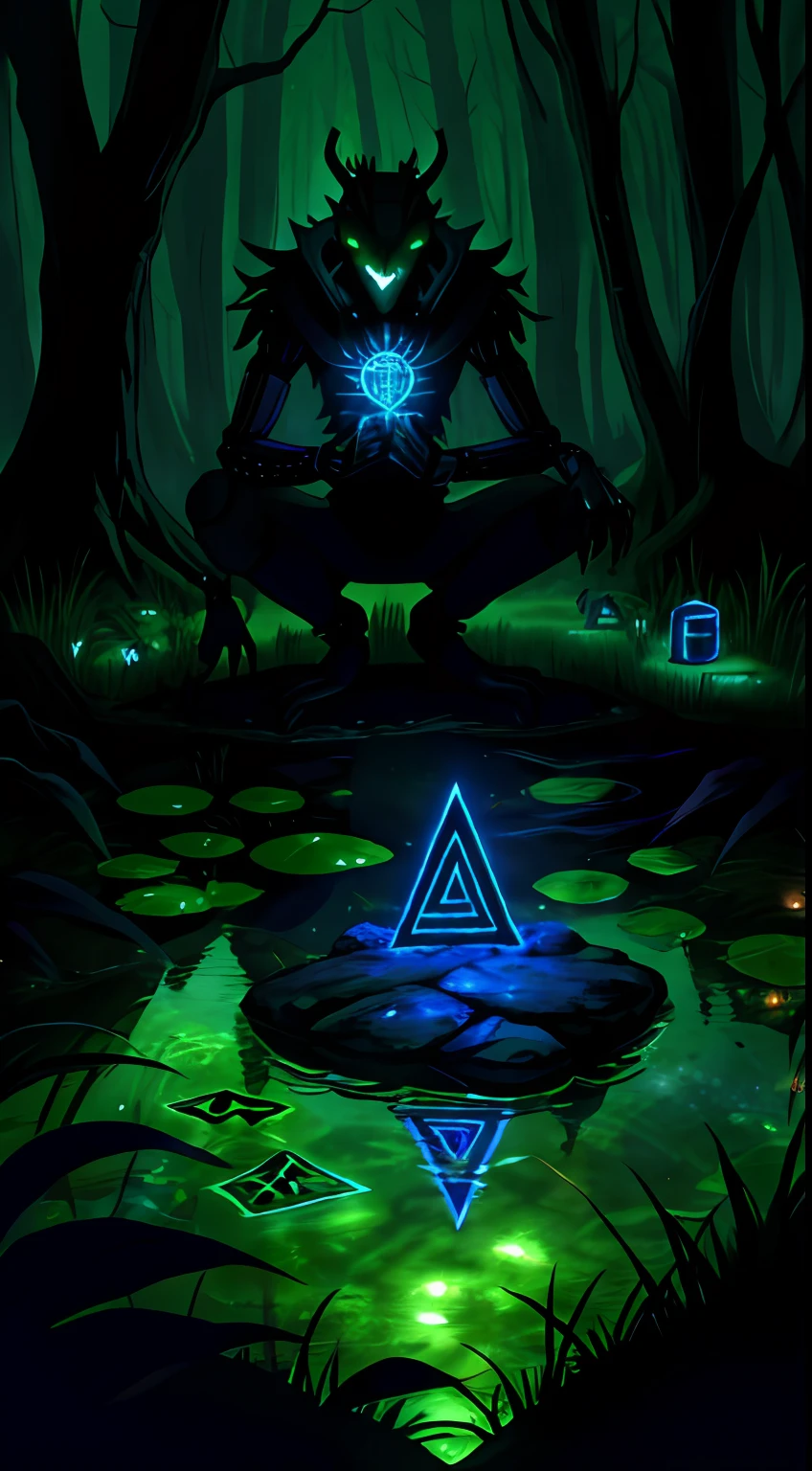humanoid roach in the center of a green eletric rune mark in a dark swamp