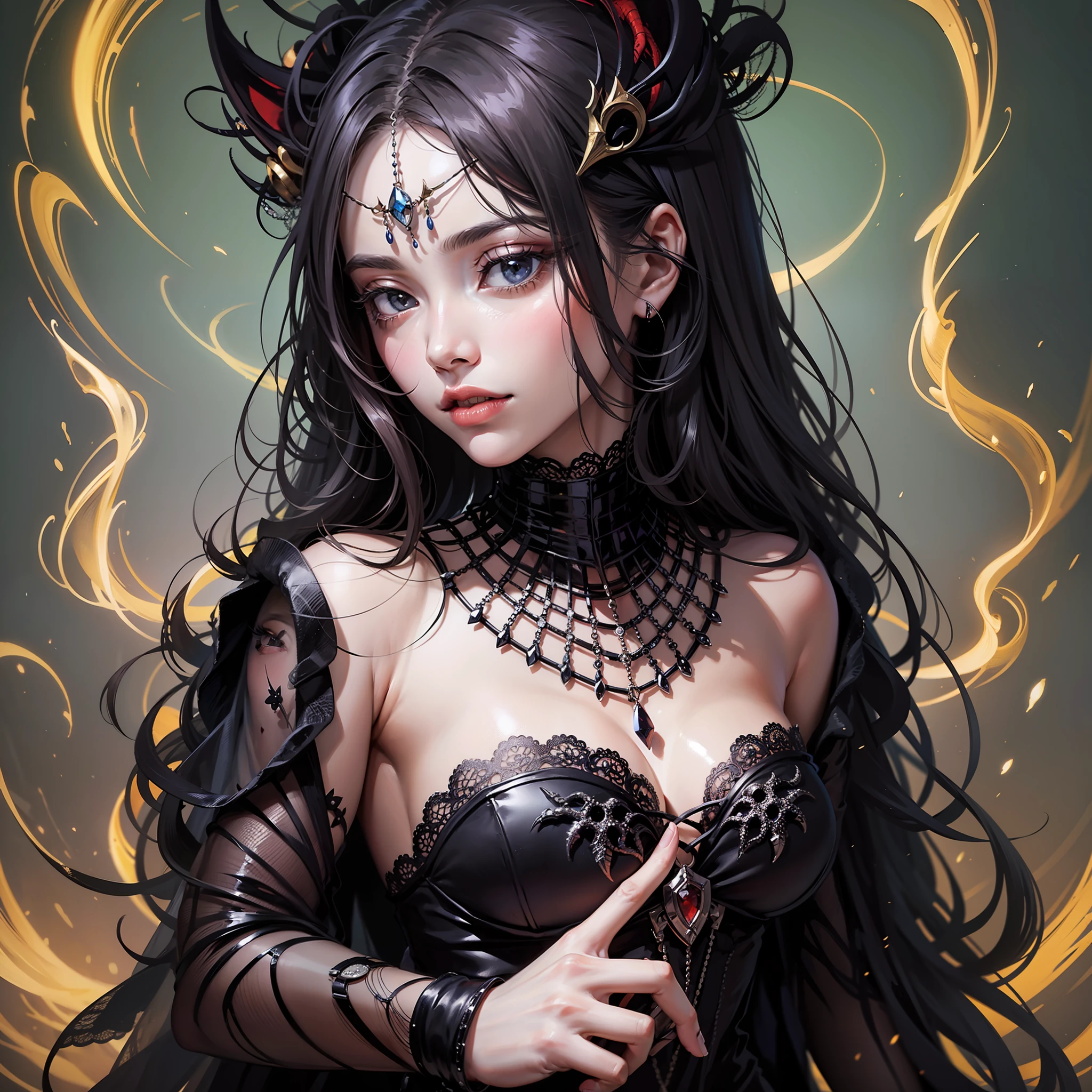 black witch, outstanding style, black dress, spider, arachne, spider paws, condescending
