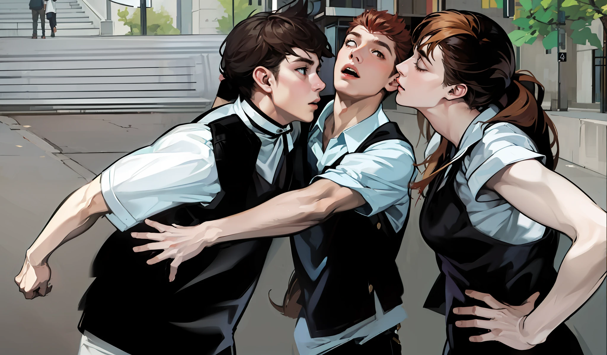4k, realistic. A brown-haired male teenager is arguing with a red-haired female teenager. Between the two has a male teenager separating the fight with a scared face.