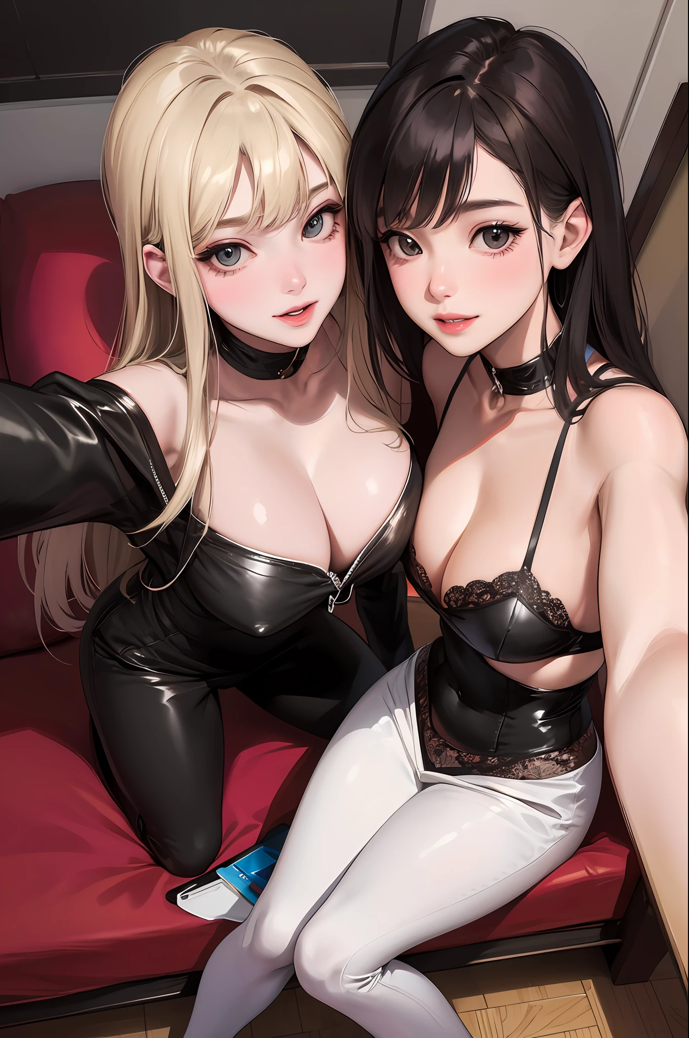 realistic, girl, selfie, face sitting on extra large zoom bed, face enhancement, smile, look up, look here, cleavage enhancement