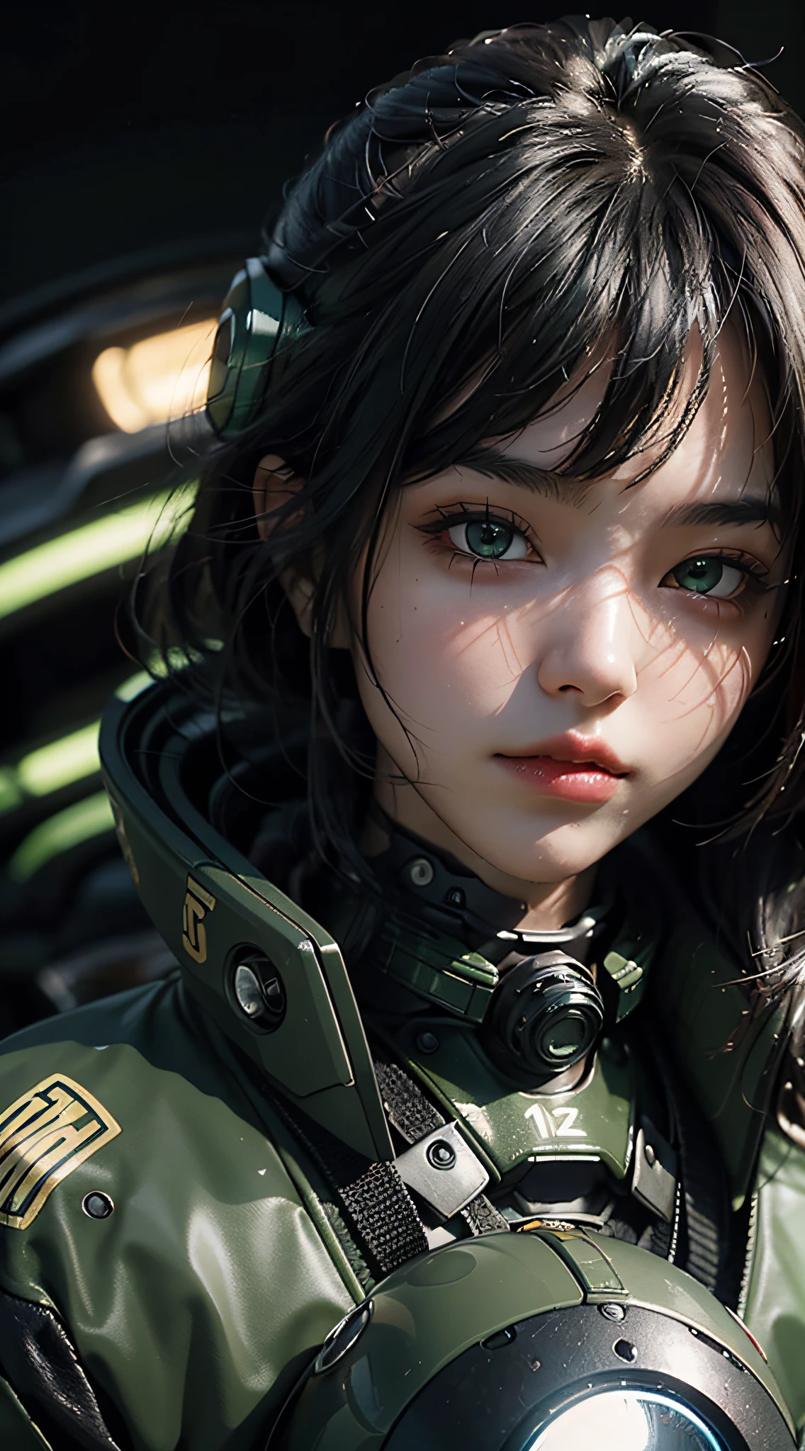 Highest image quality, outstanding details, ultra-high resolution, (realism: 1.4), the best illustration, favor details, highly condensed 1girl, with a delicate and beautiful face, dressed in a black and green mecha, wearing a mecha helmet, holding a directional controller, riding on a motorcycle, the background is a high-tech lighting scene of the future city.