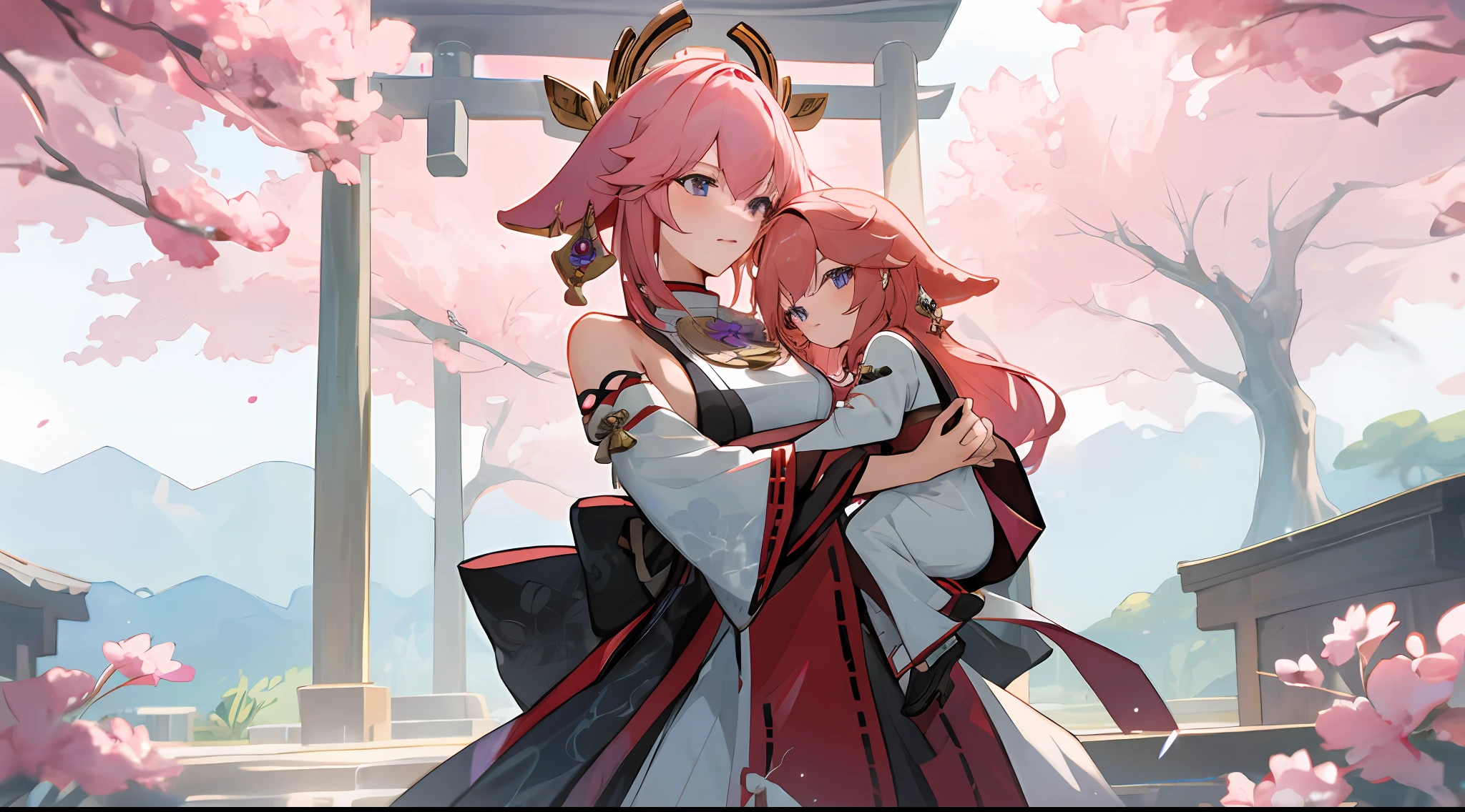 anime image of two women dressed in traditional japanese clothing in japanese shrine, palace  a girl in hanfu, wlop and sakimichan, pink haired deity, characters from azur lane, anime fantasy illustration, from the azur lane videogame, genshin, artwork in the style of guweiz, miko detailed art, two beautiful anime girls, pink hair, mother and child, pray at the shrine