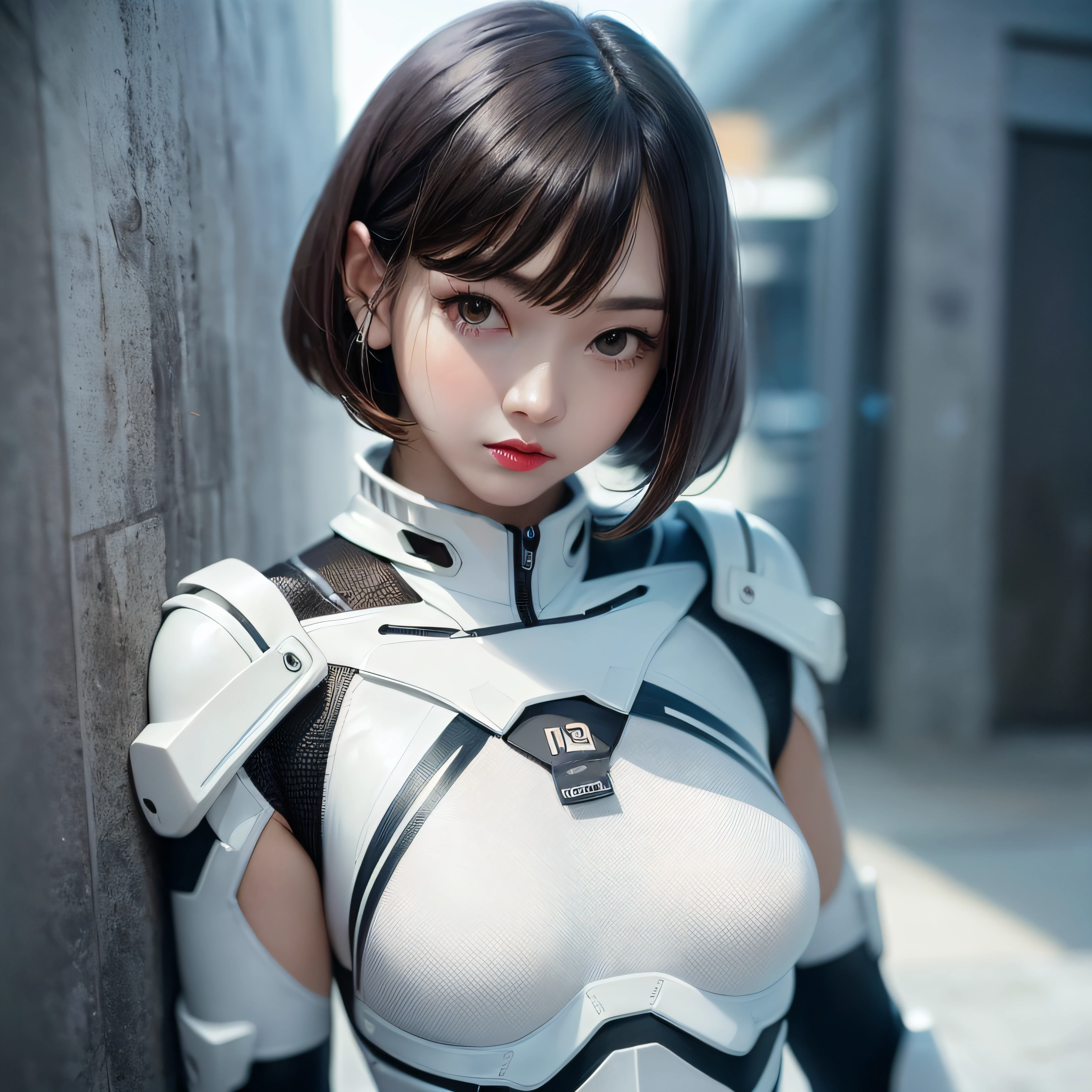 (1girl), (full body), (white futuristic sci-fi bodysuit), Beautiful Korean woman, kpop idol, (Cute Loose Bob hairstyle), symmetrical eyes, realistic, sharp focus, HD, highly detailed, intricate, photography, hyperrealism, hyperrealistic, film, studio portrait, detail, dramatic lighting, (red lips), (small breasts)