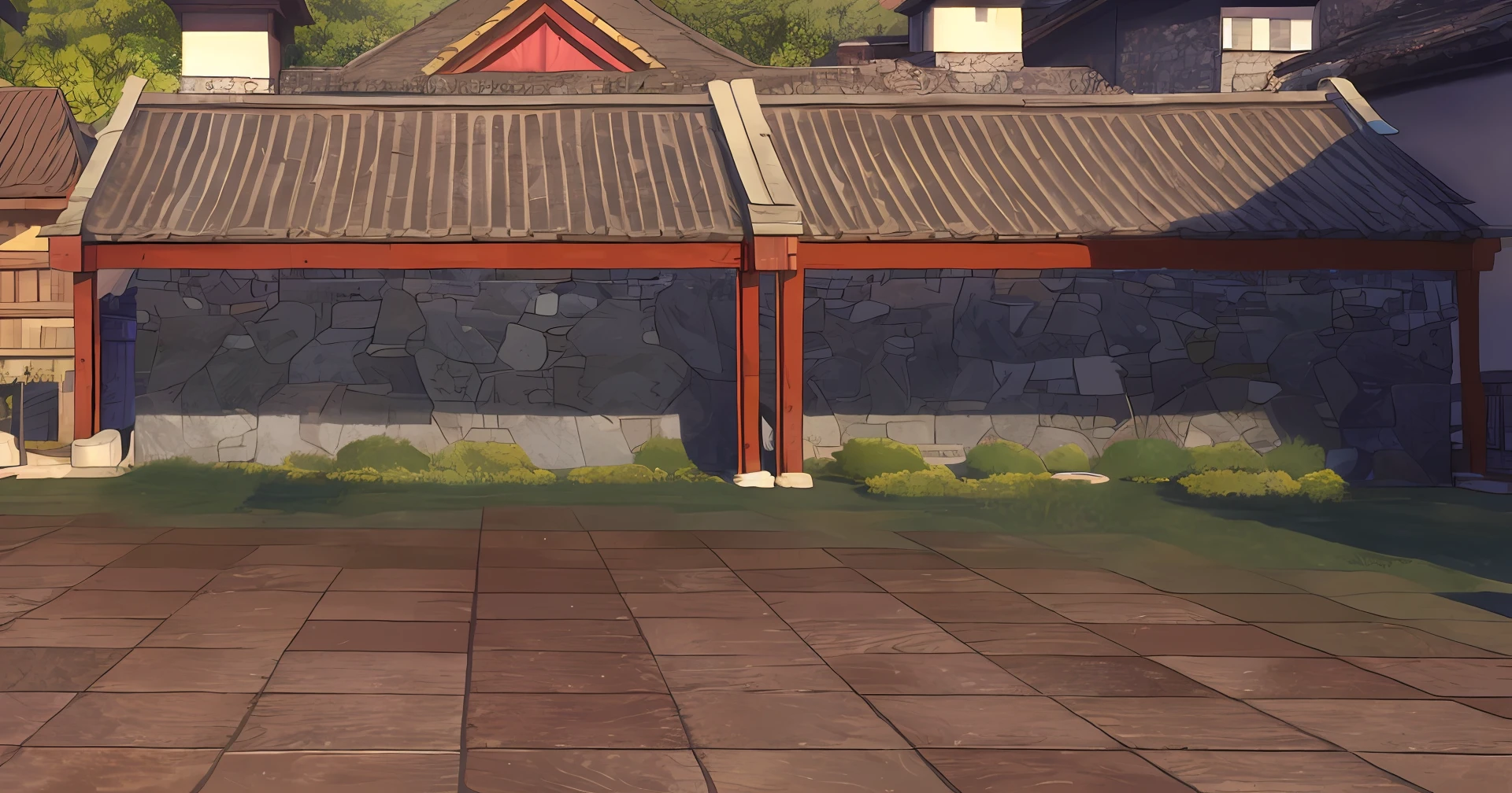 Small yard with red roof and stone walkways