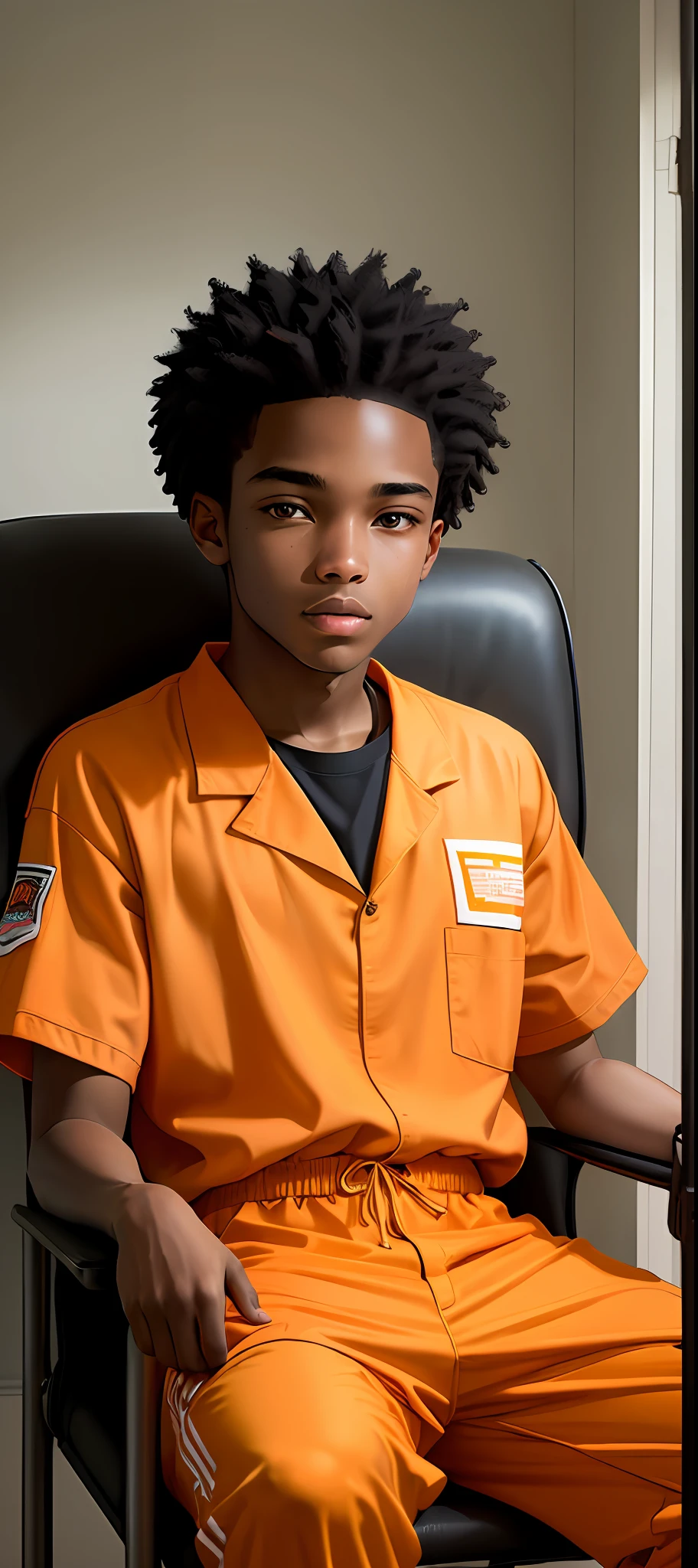 a black teenager sitting in a chair in an orange prison uniform