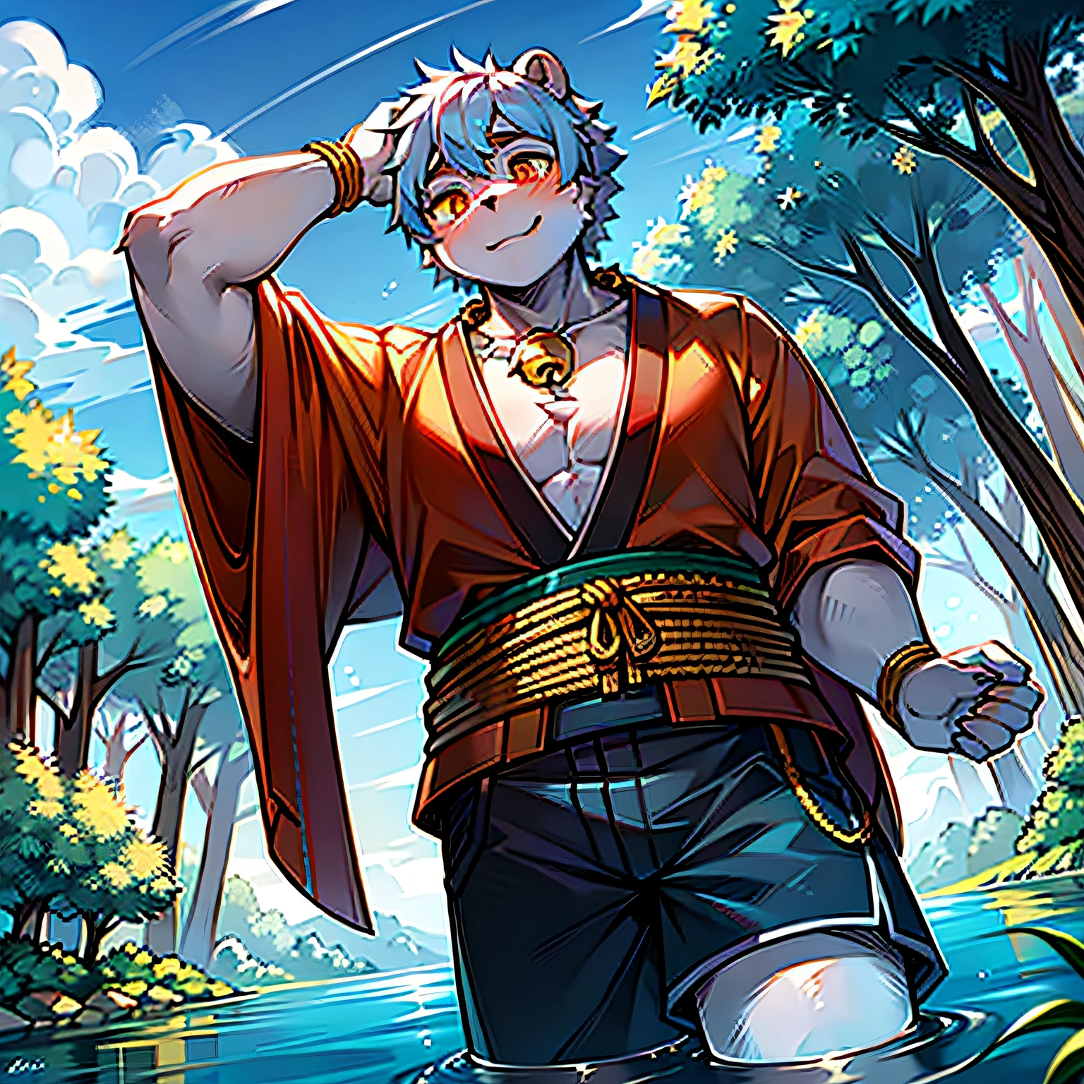 In the forest, by the river, blue sky and white clouds, clear sky, male, human, blue and white bear, kind expression, light blue more gold and less kimono, wearing a bell tied with a red and white rope around his neck, scratching his head, blue-white hair all over, fat, hairy, cloud-like eyebrows, orange pupils, teenager, the hair on his face is blue, purple-gold shorts
