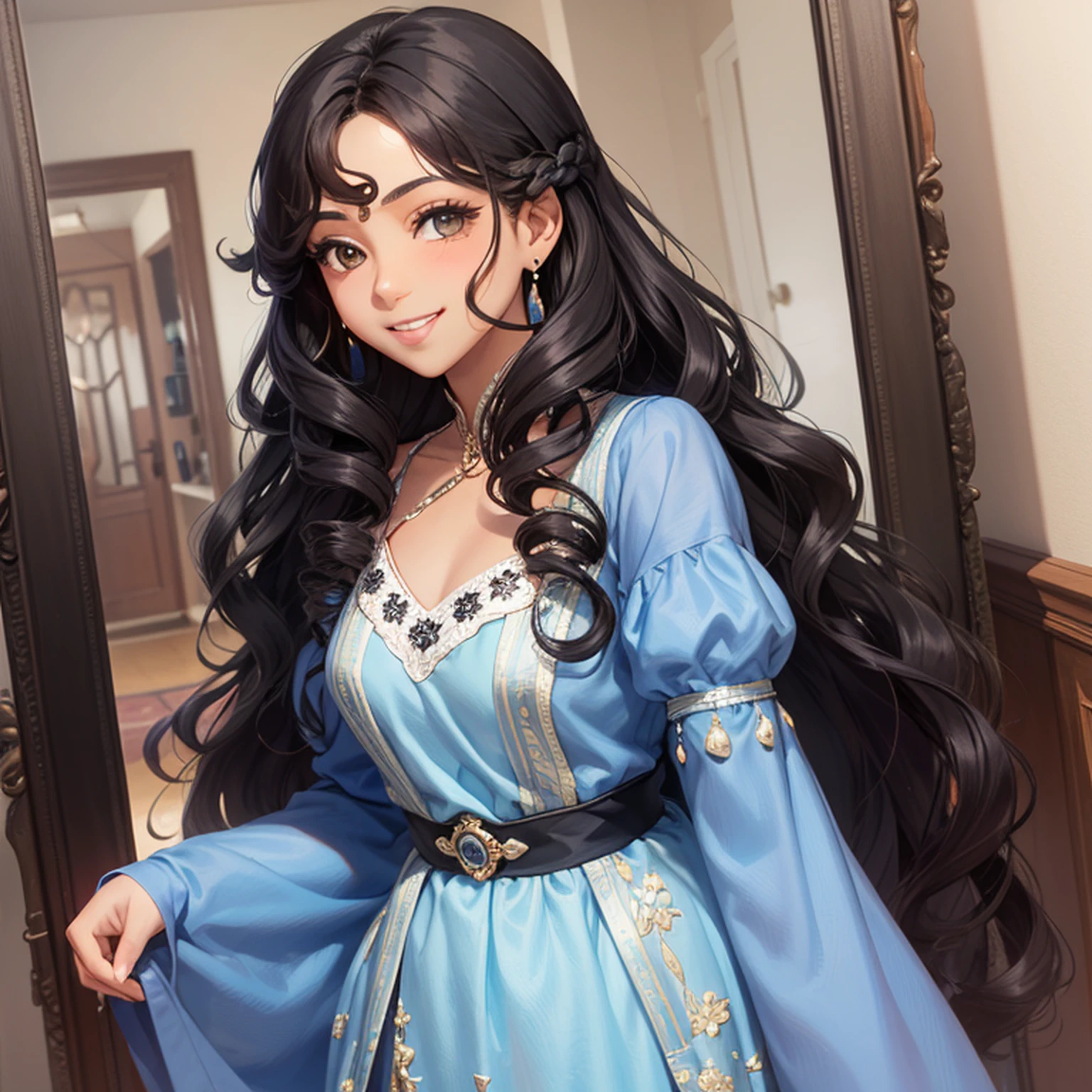smiling woman with long dark hair wearing a blue and white dress, selfie of a young woman, long black curly hair, black long curly hair, selfie!!!!!, black curly hair, black wavy hair, curled slightly at the ends, with brown skin, long curly black hair, with long curly, selfie photo, wavy long - length black hair, indian girl with brown skin