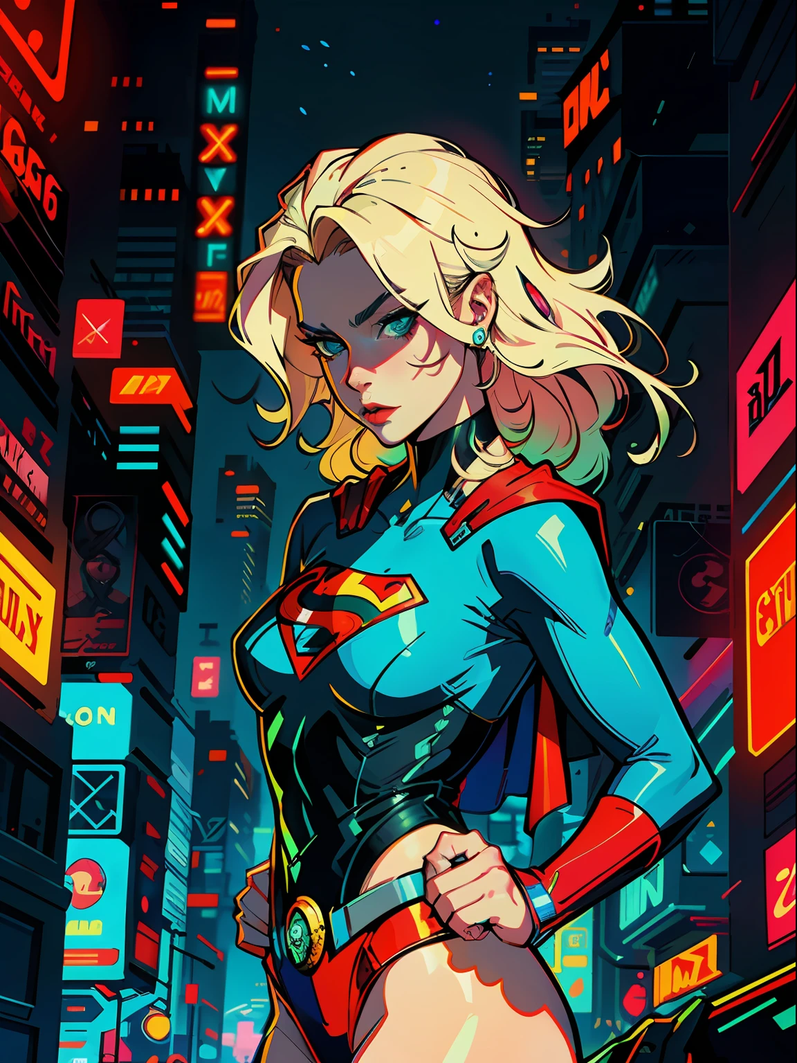 a digital painting of the long-haired supergirl, cyberpunk art by Josan Gonzalez, winner of the behance contest, afrofuturism, synthwave, neon, glossy neon