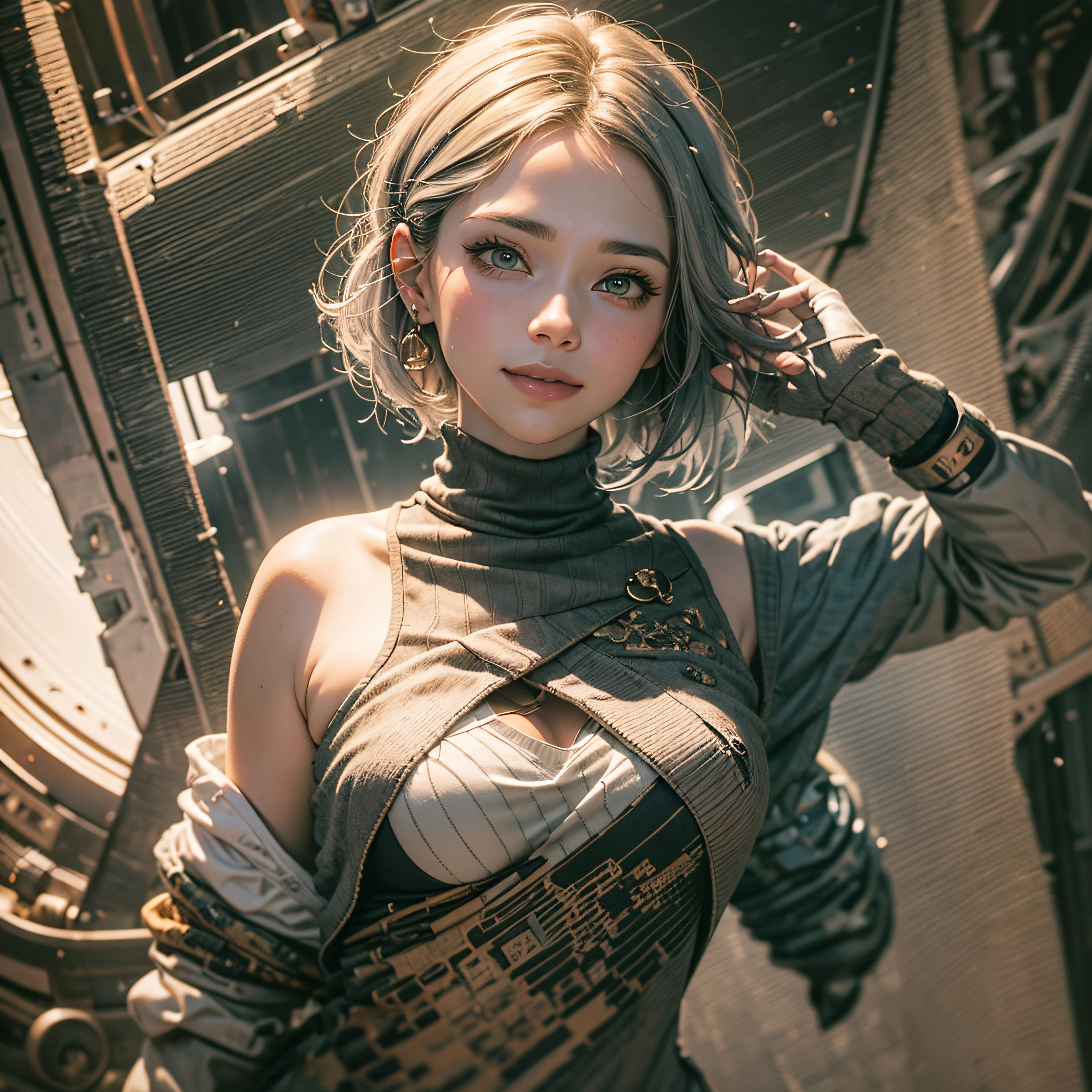 Full body, gray hair, (Dragoon: 1.2), Brantovan, masterpiece, top quality, official art, very elaborate CG Unity 8K wallpaper, for girls, ultra high resolution, (photorealistic: 1.4), golden hour lighting, sweater dress, (platinum shorthair: 0.8), (puffy eyes), looking at the viewer, frontal, smile, medium breasts, shirt lift, gloves, short hair
