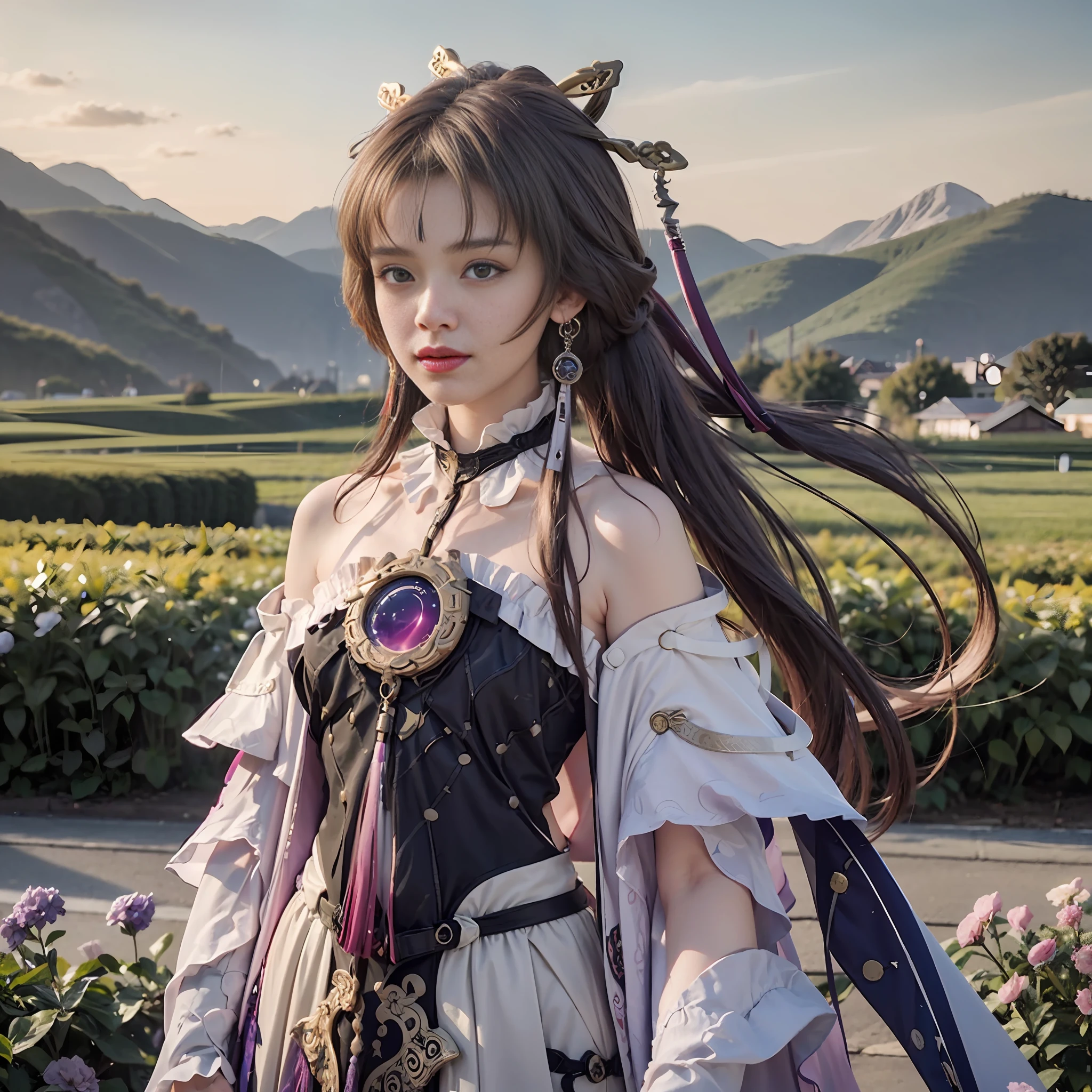 A girl standing on a flower field looking up,, delicate background, distant mountains, trees BREAK production art, (warm light source: 1.2), intricate details, volumetric lighting BREAK (masterpiece: 1.2), (best quality), 4k, super detailed, (dynamic composition: 1.4), rich detail, (luminous, atmospheric lighting), (solo: 1.2), especially many details, delicate hair, messy hair, smile, sunset, hanfu, antique style,