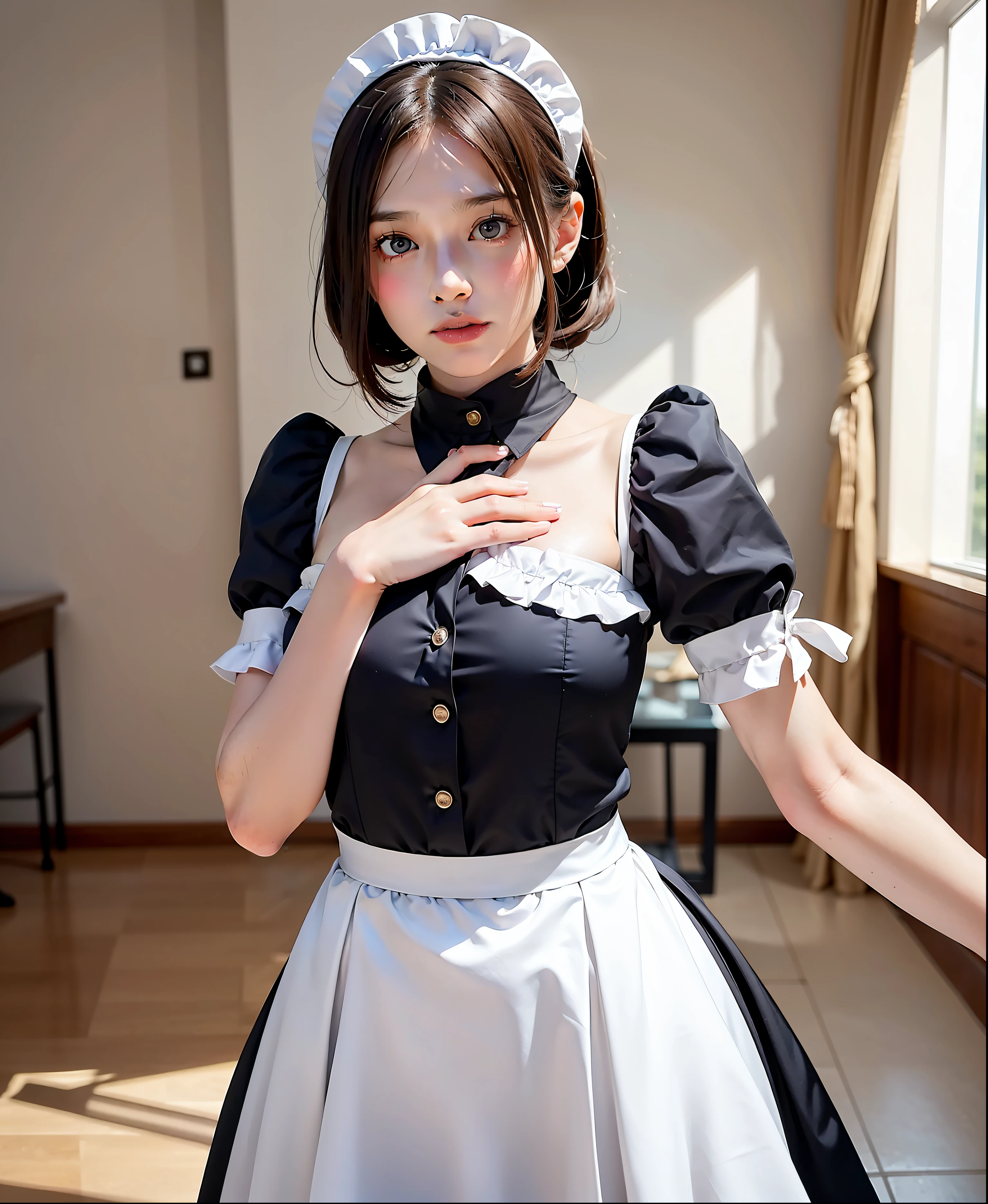 anime girl in a maid outfit posing in a room, anime girl in a maid costume, maid outfit, cute anime waifu in a nice dress, in dress, small curvy lolihyperrealistic schoolgirl, gorgeous maid, anime cat girl in a maid costume, hyperrealistic schoolgirl, detailed, hd, high resolution,
