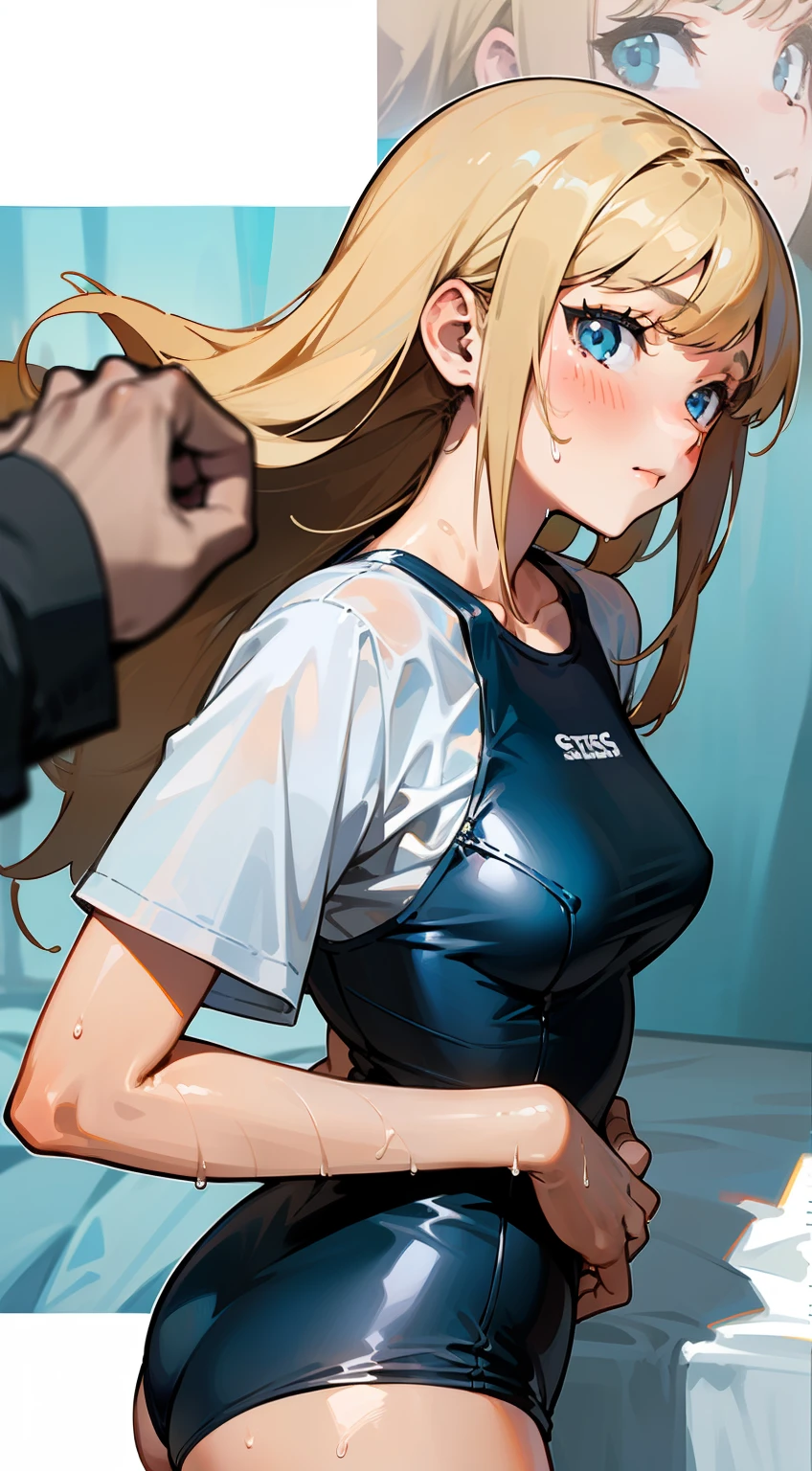 ((Masterpiece)), (Best quality)), Illustrations, Lots of girls, Hair color, Bangs, Hairstyle fax, Portrait from the waist up, (((slightly smaller than average)), Tanned girl, Body details, T-shirt, T-back swimsuit, Girl, Dull long blonde hair, Blue eyes, Dull bangs, Lying on your back, Hands behind your back, Close mouth, Hopelessness, Portrait of face taken from crotch, Zoom to crotch, sweat, breasts pushing up clothes, slap face on buttocks, plastic bottles, wet mattress, room with messy clothes, non-shiny swimsuit, separate swimsuit