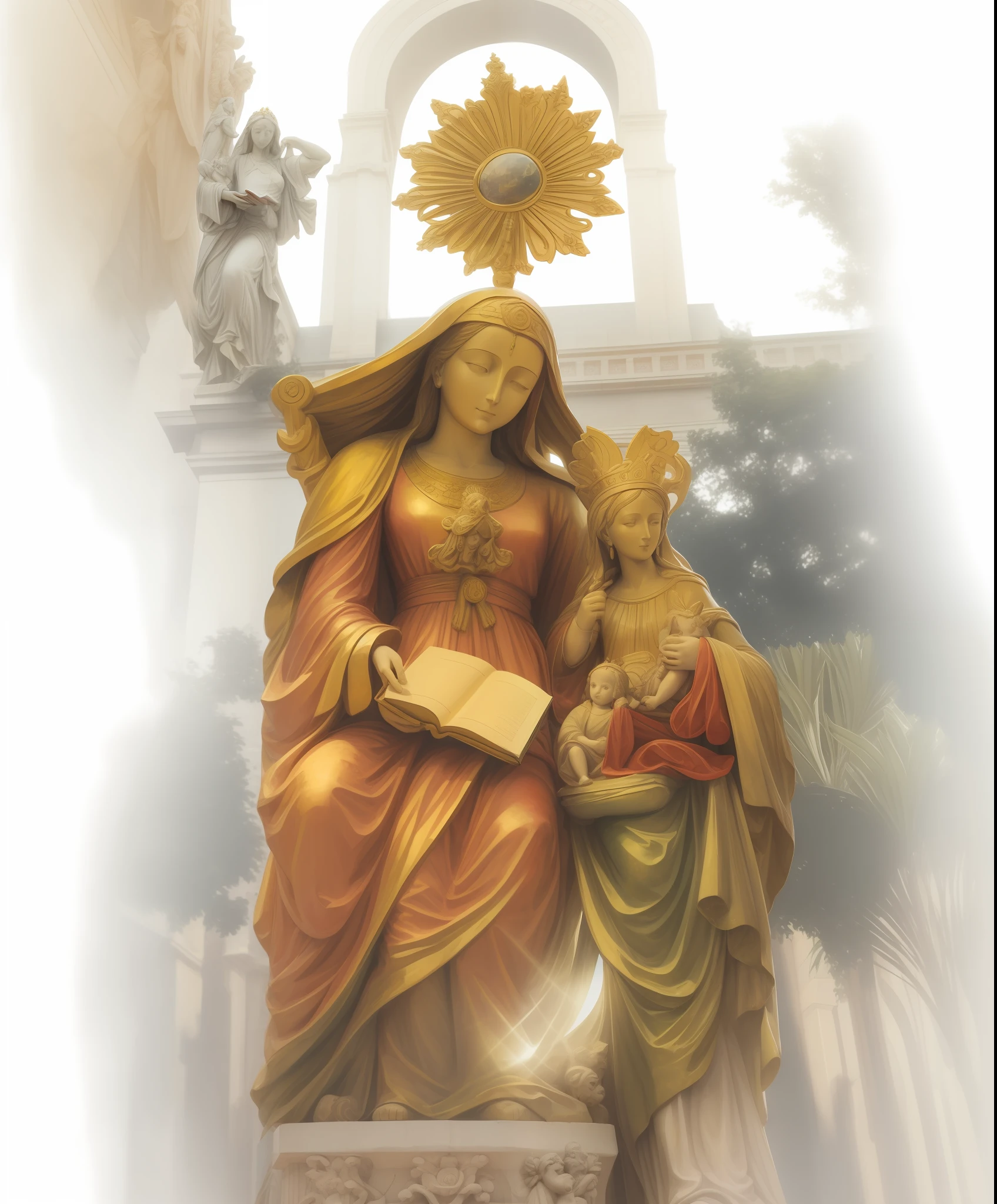 Statue of a woman holding a book with the baby Jesus below looking and touching the same in front of the Arc de Triomphe with sant'ana in the middle of the arch, Mary in a sanctuary, queen of heaven, no things on top of her head, majestic woman of saint, Our Lady saint'ana, Religious sculpture, glorified image, saint, a colorful statue, holy woman, immaculately detailed, Goddess of wisdom, with four legs, open book --auto
