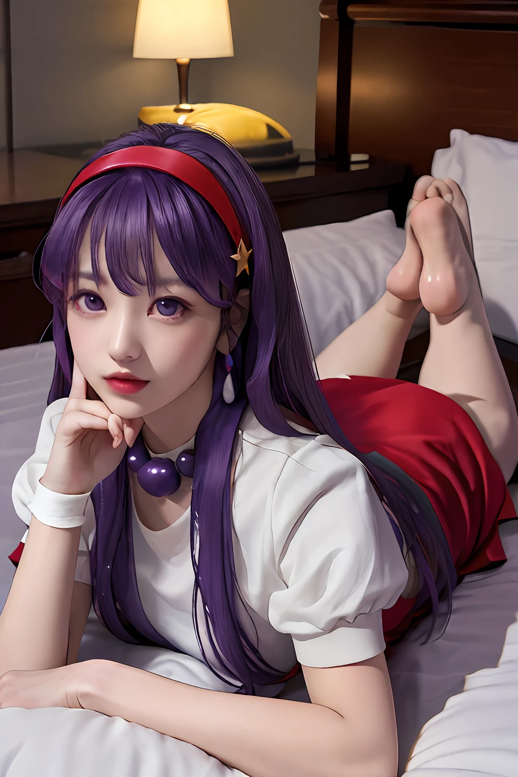 Masterpiece, Best Quality, High Resolution, AA1, Purple Hair, Long Hair, Headband, Long Hair, Necklace, Earrings, Red Dress, Larger Tits, Fluffy Short Sleeves, White Sleeves, White Wristband, Full Body, Bedroom, Large Bed, Jiro Legs, Bottom View, Hand on Chest, Side, Split, Reclining,