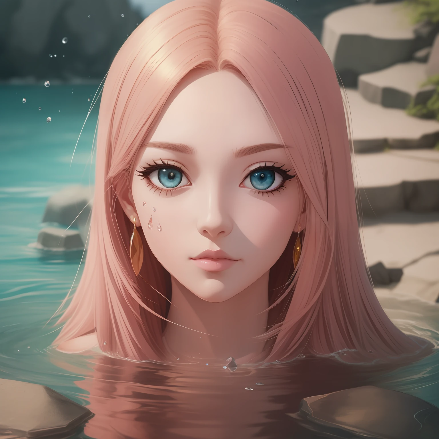 Arti modern anime. Birds eye view, close-up face portrait, photo realistic. Blush, Water drop, rock, water reflection, stairs, trod. Hand drawing illustration, cinematic lighting, highly detailed. Perfect composition golden ratio, masterpiece, best quality, 4k, sharp focus. Better hand, perfect anatomy.