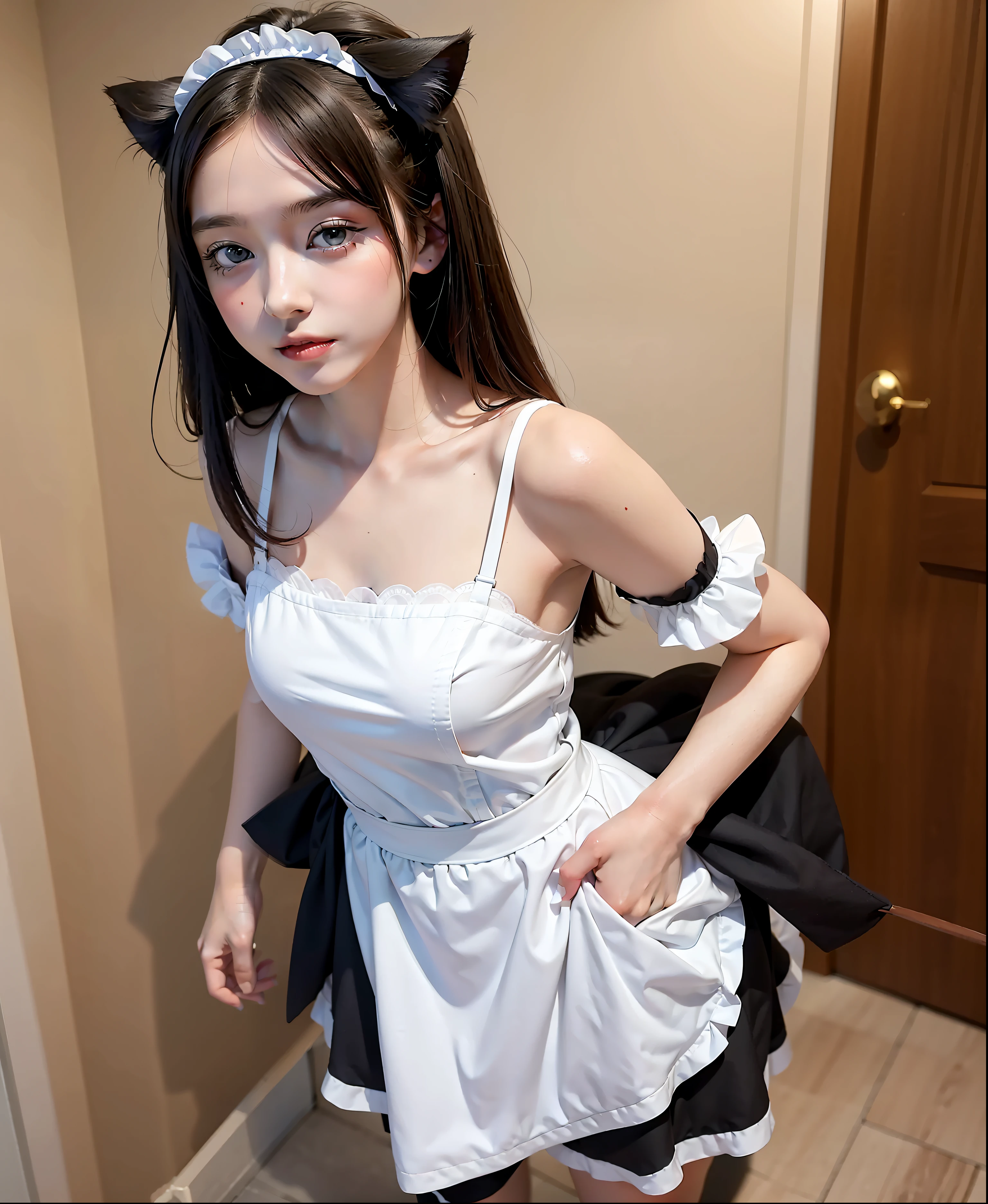anime girl in a maid outfit posing in a room, anime girl in a maid costume, maid outfit, cute anime waifu in a nice dress, loli in dress, ??????????? loli, a hyperrealistic schoolgirl, gorgeous maid, anime cat girl in a maid costume, hyperrealistic schoolgirl, detailed, hd, high resolution,