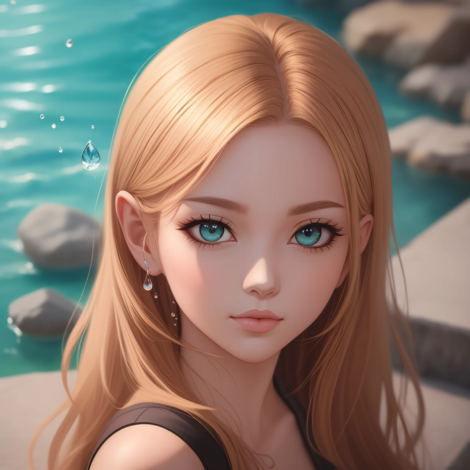 Arti modern anime. Birds eye view, close-up face portrait, photo realistic. Blush, Water drop, rock, water reflection, stairs, trod. Hand drawing illustration, cinematic lighting, highly detailed. Perfect composition golden ratio, masterpiece, best quality, 4k, sharp focus. Better hand, perfect anatomy.