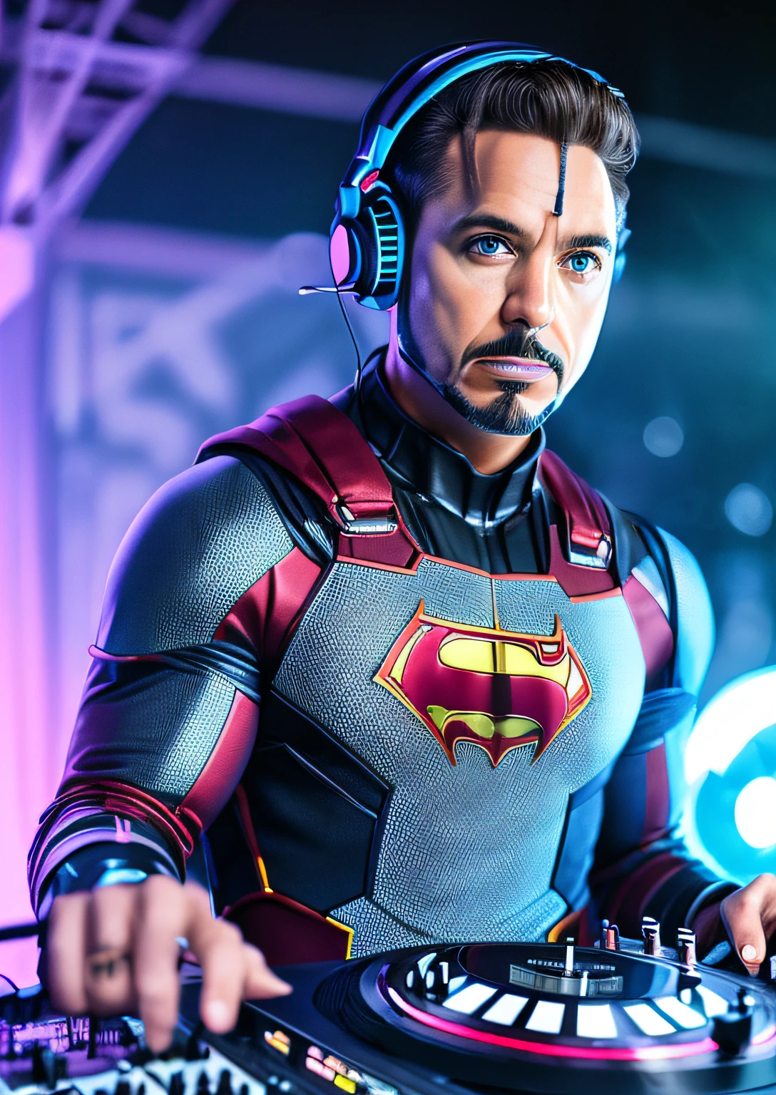 ((best quality)), ((ultra res)), ((photorealistic:1.4)), (complex details), iron man helmet, makeup:1.5, light on face, facial detail,"DJ Super Man, spider man, Batman's bat on his chest, playing at a techno party, wearing two Technics turntables and a DJ Beringher mix, beard, green interrogation on the belt."
