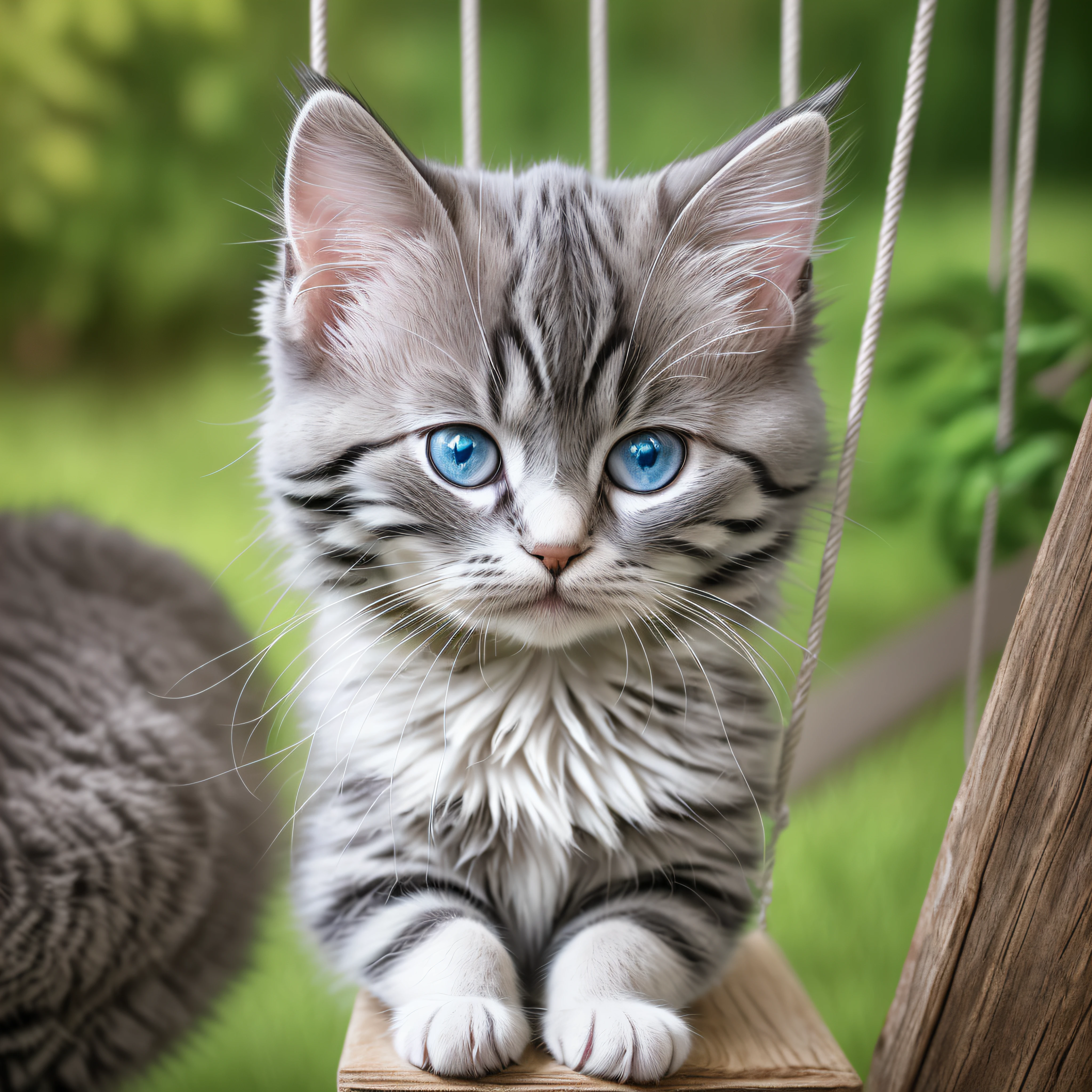 (Masterpiece:1.3), (8k, Photorealistic, RAW Photography, Best Quality: 1.4), concept art portrait, hyperdetailed, (Realistic Eyes, detailed eyes), Gray and white siberian kitten, long haired cat, summer in Japan, kitten on a swing