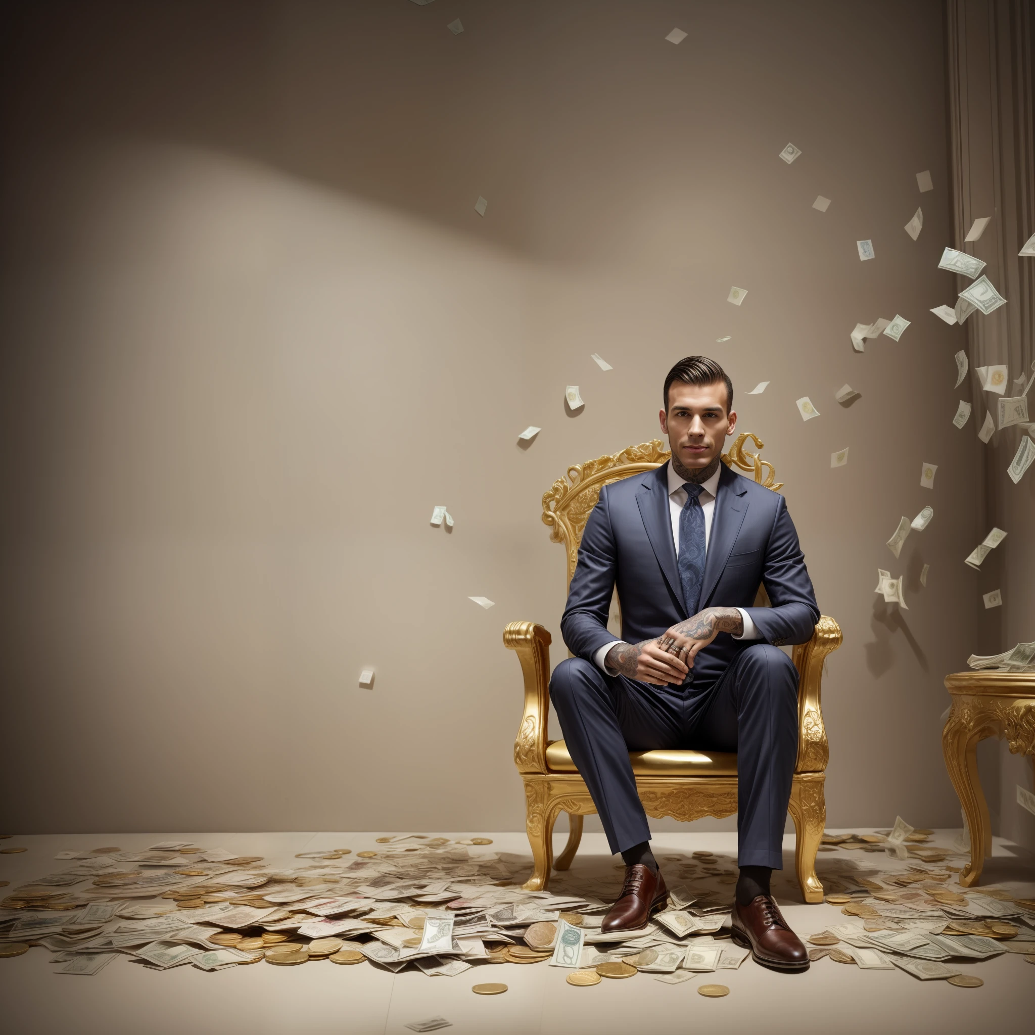 man all tattooed, sitting in a huge gold chair and with his pockets full of euros, dressed in an elegant suit, on the floor full of bags of money. behind him a museum with broken glass cases.