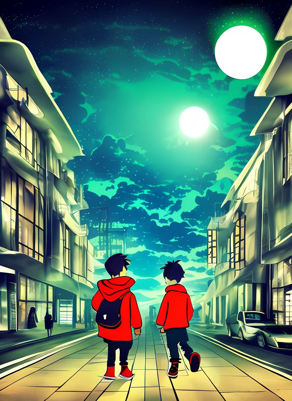 Masterpiece, high quality, anime image, (two boys wearing gas markings), urban place, many buildings, night, illuminated, colorful